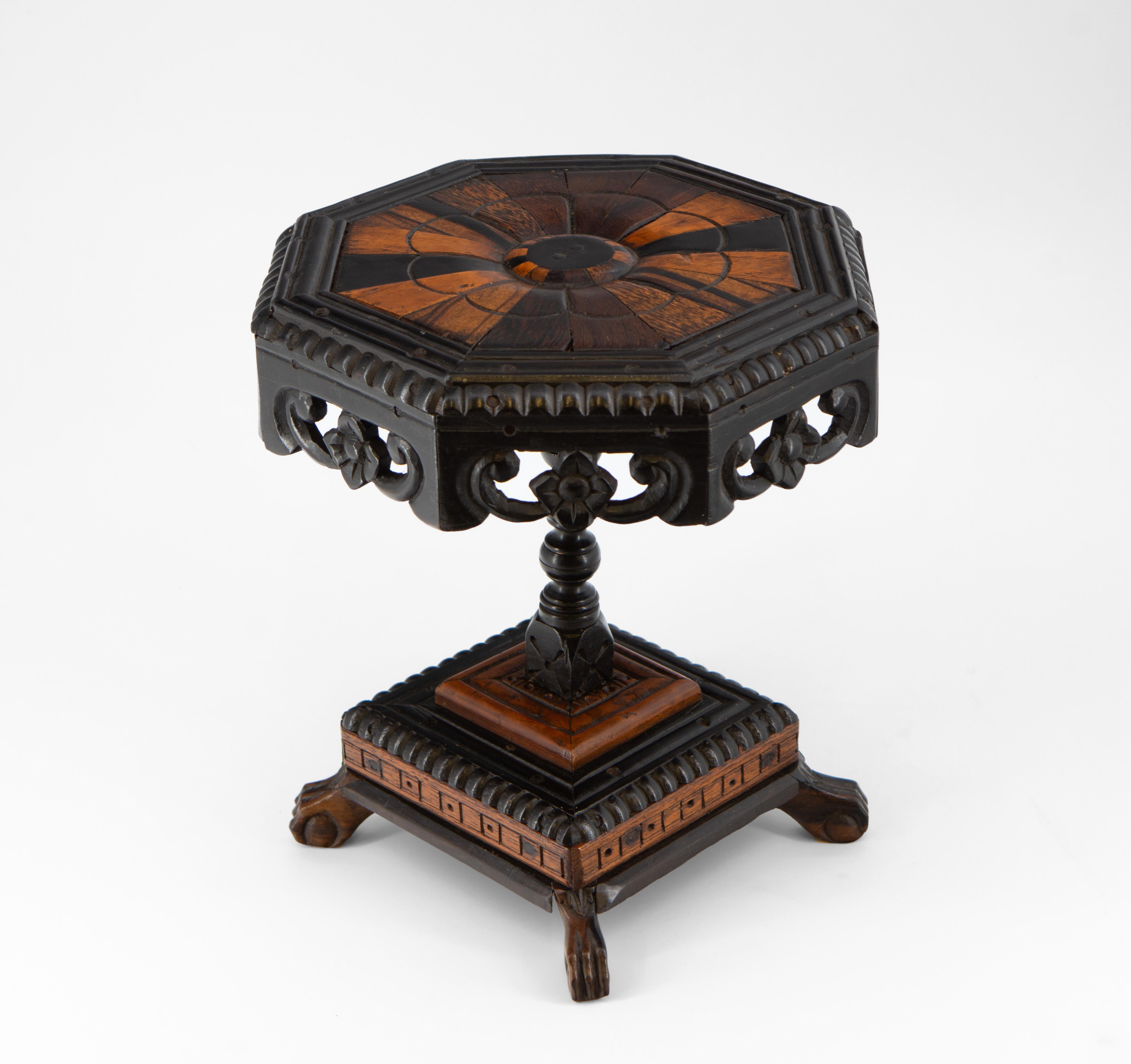 19th Century Rare Antique Ebony And Specimen Wood Ceylonese Miniature Octagonal Table For Sale