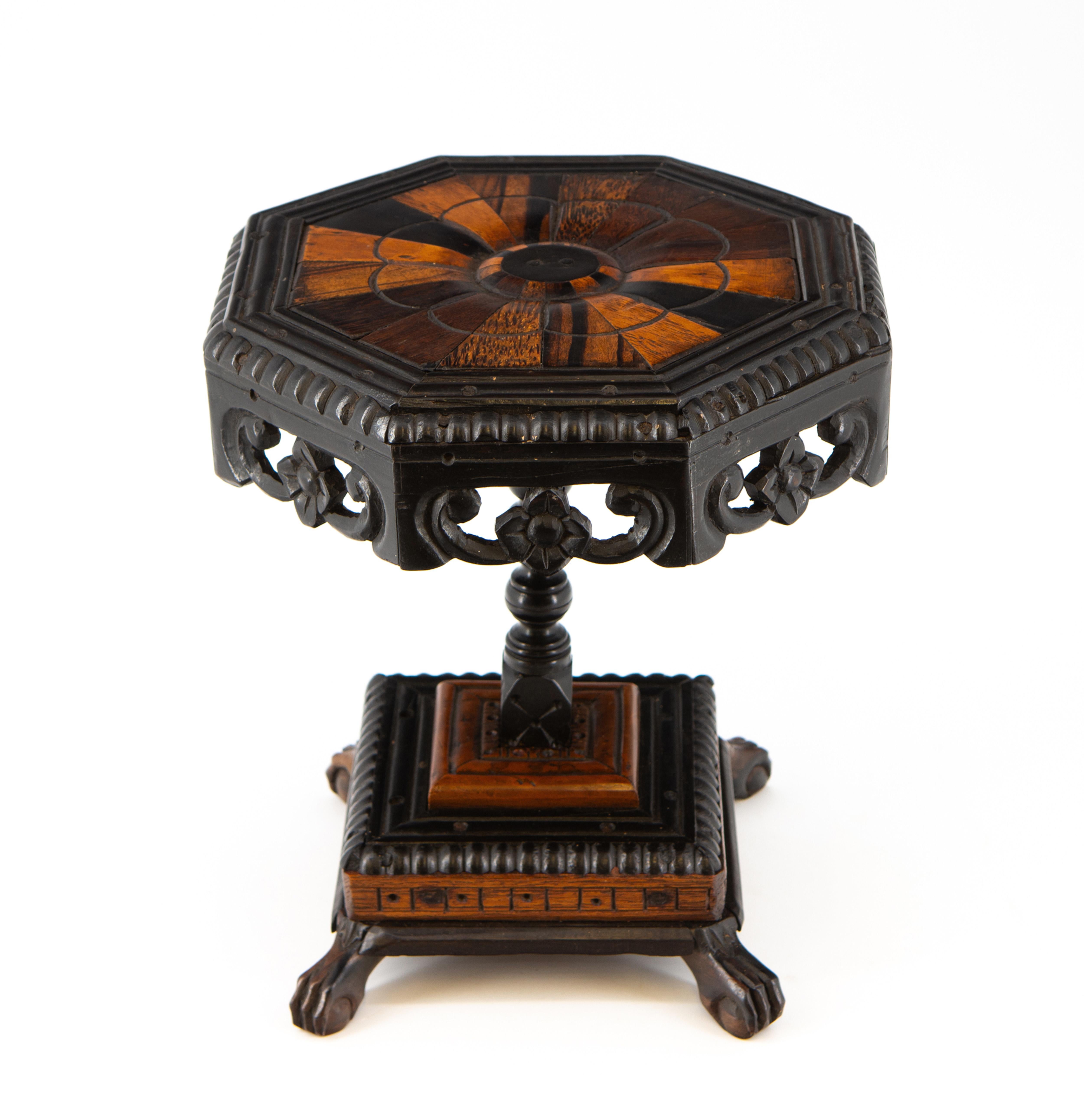 Rare Antique Ebony And Specimen Wood Ceylonese Miniature Octagonal Table For Sale 3