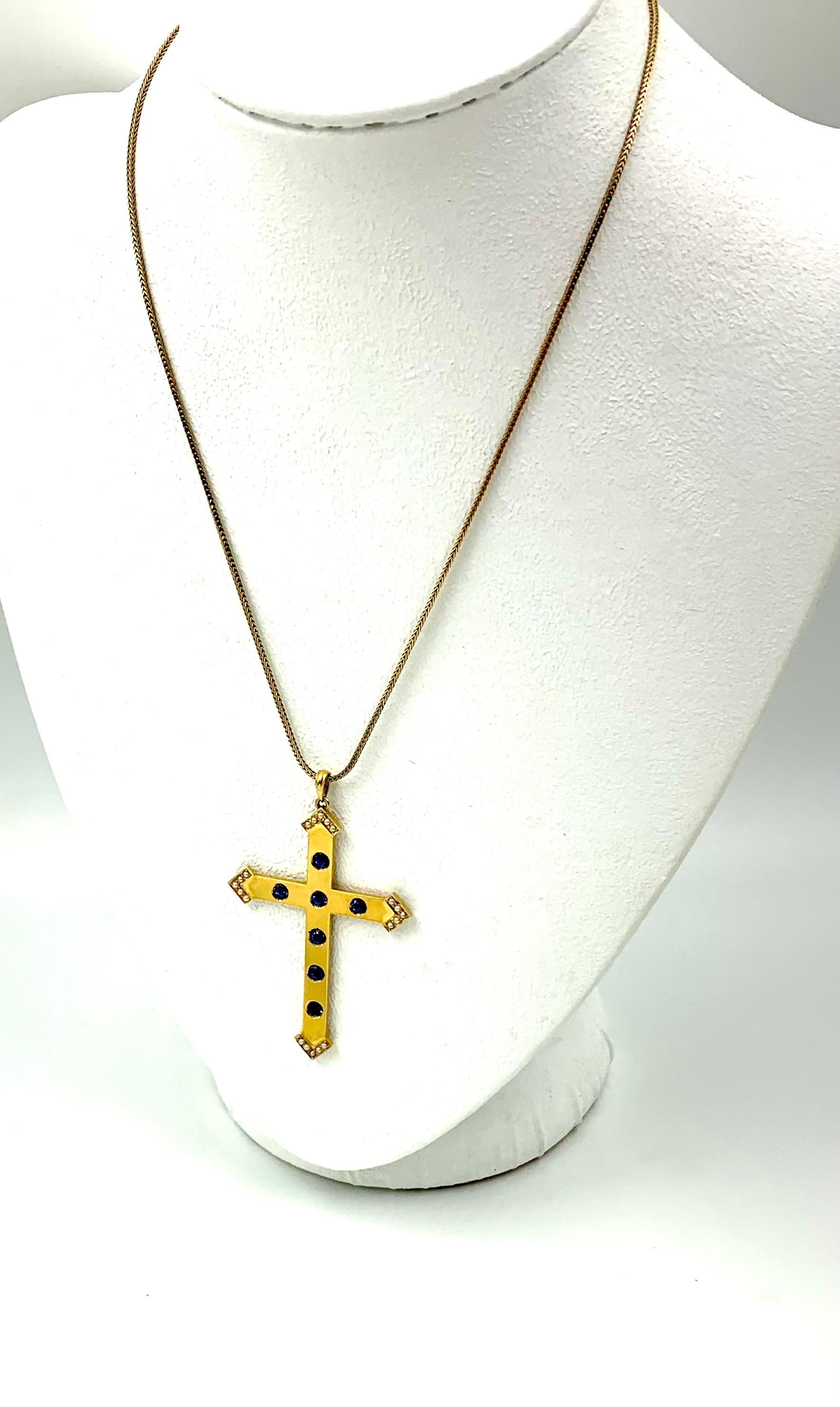 Rare Antique Edwardian Cornflower Blue Sapphire 14K Yellow Gold Disciples Cross For Sale 6