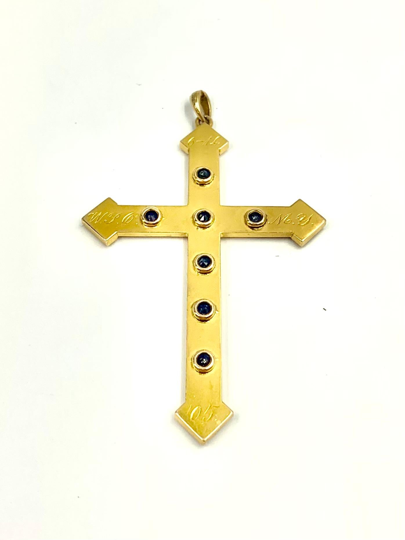 Rare Antique Edwardian Cornflower Blue Sapphire 14K Yellow Gold Disciples Cross For Sale 4