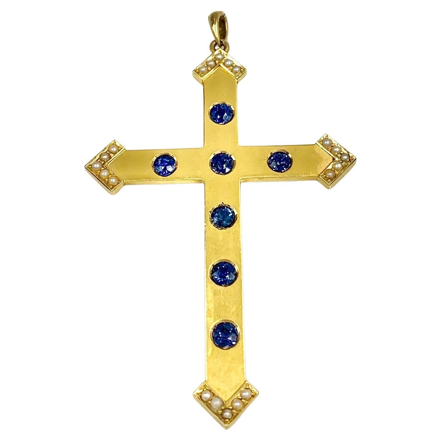Rare Antique Edwardian Cornflower Blue Sapphire 14K Yellow Gold Disciples Cross