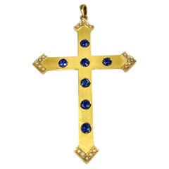 Rara Cruz de los Discípulos de Oro Amarillo de 14 quilates con zafiro azul aciano eduardiano antiguo