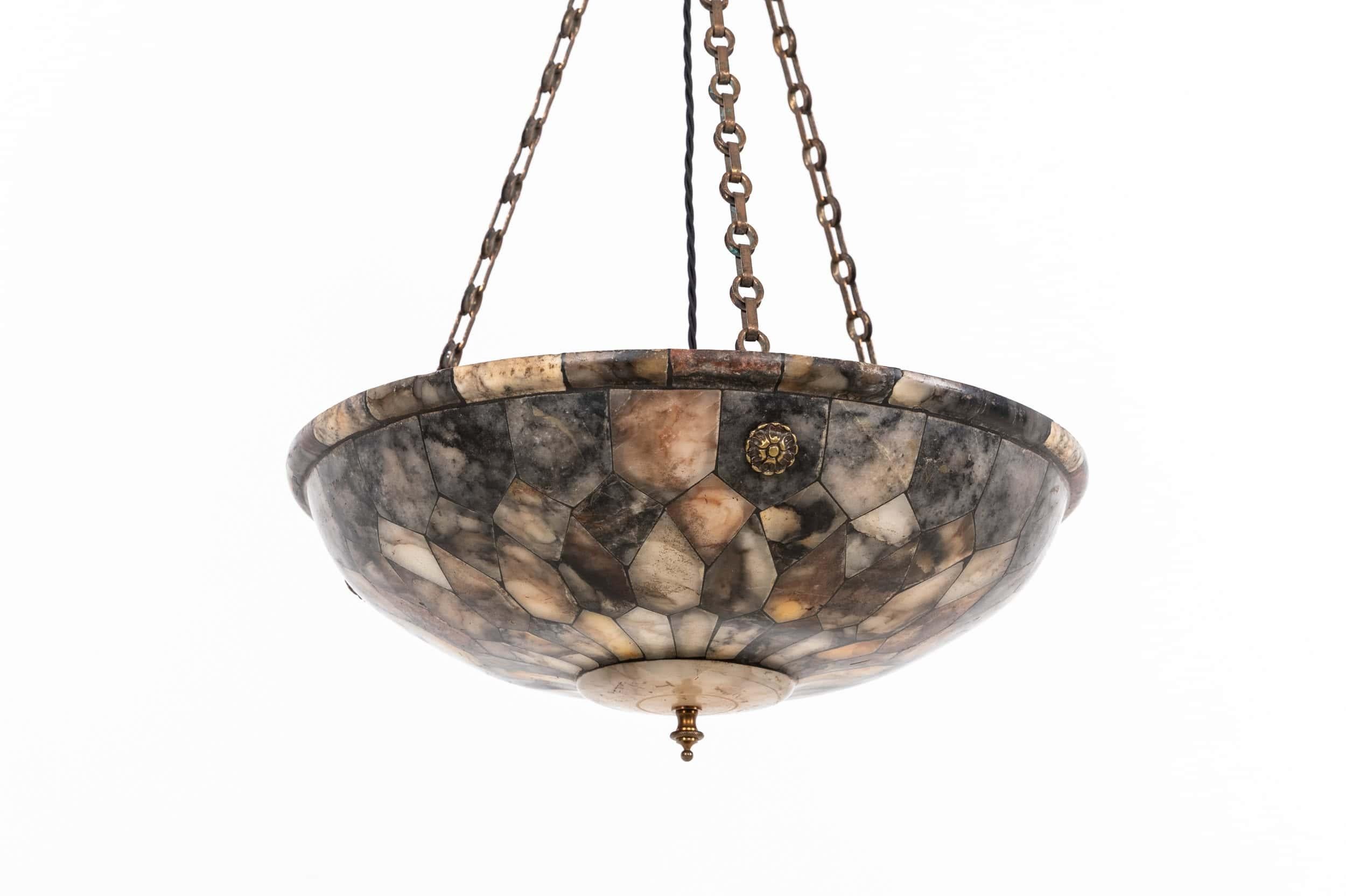 

A large and incredibly rare mosaic alabaster plafonnier pendant light. c.1900

About as good as it gets! Beautiful individual marbled sections of alabaster - unusually in a much daker tone - hand crafted together in the same fashion as a stained
