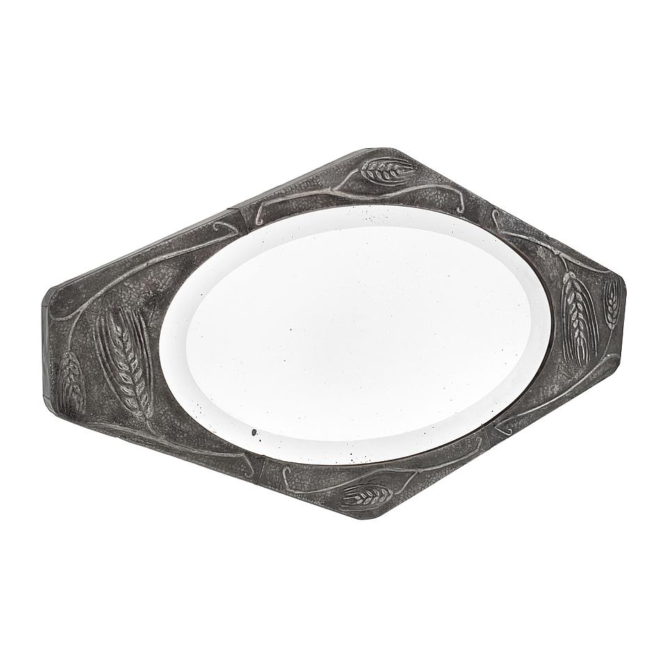 Rare antique embossed metal wall mirror, signed Chambellan, circa 1915. Antique Art Deco period hexagonal frame in patinated embossed metal, white iron mounted on a wood, decorated with stylized ears of wheat. Frame width: 3 cm & 9 cm / 1.18 in. &
