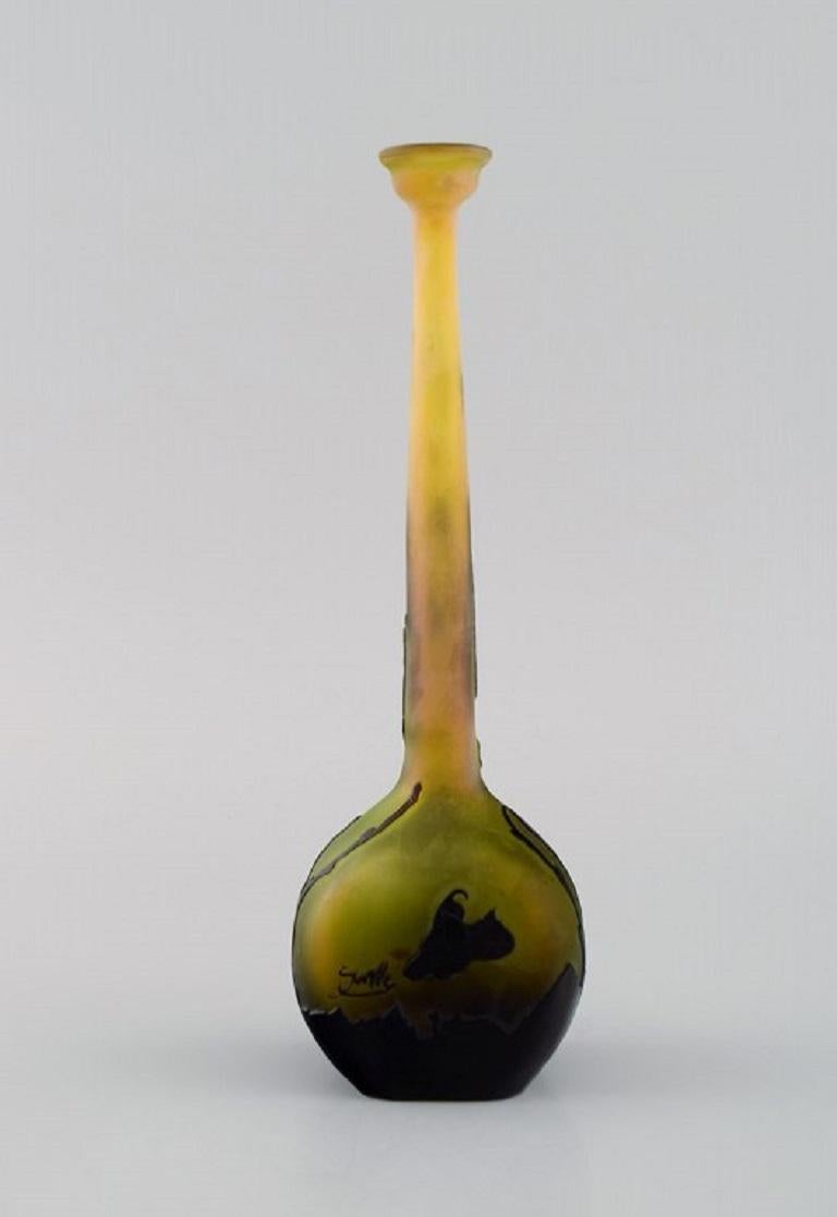 Art Nouveau Rare Antique Emile Gallé Vase in Yellow and Dark Art Glass, Early 20th C For Sale