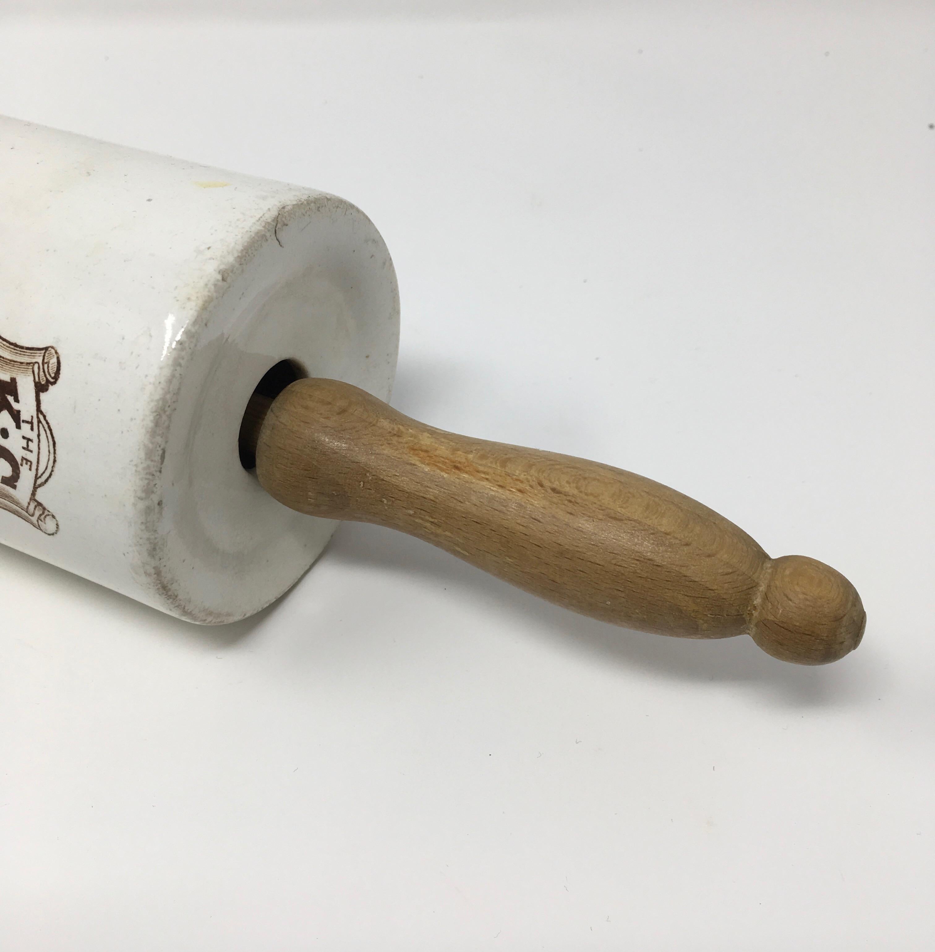 19th Century Rare Antique English Advertising Ironstone and Wood Rolling Pin