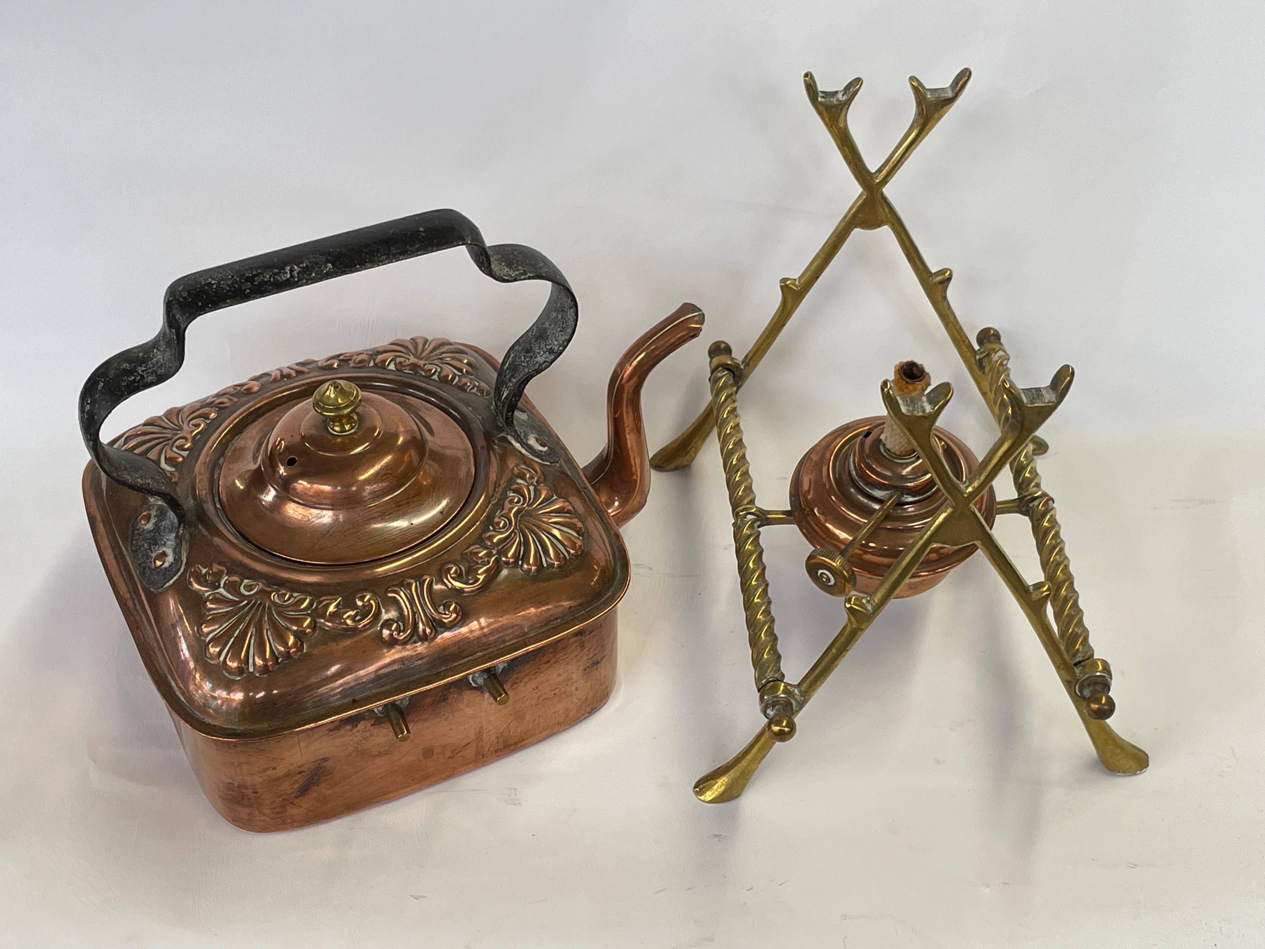 Rare Antique English Aesthetic Movt. Chased Copper Square Tea Kettle on Stand For Sale 1