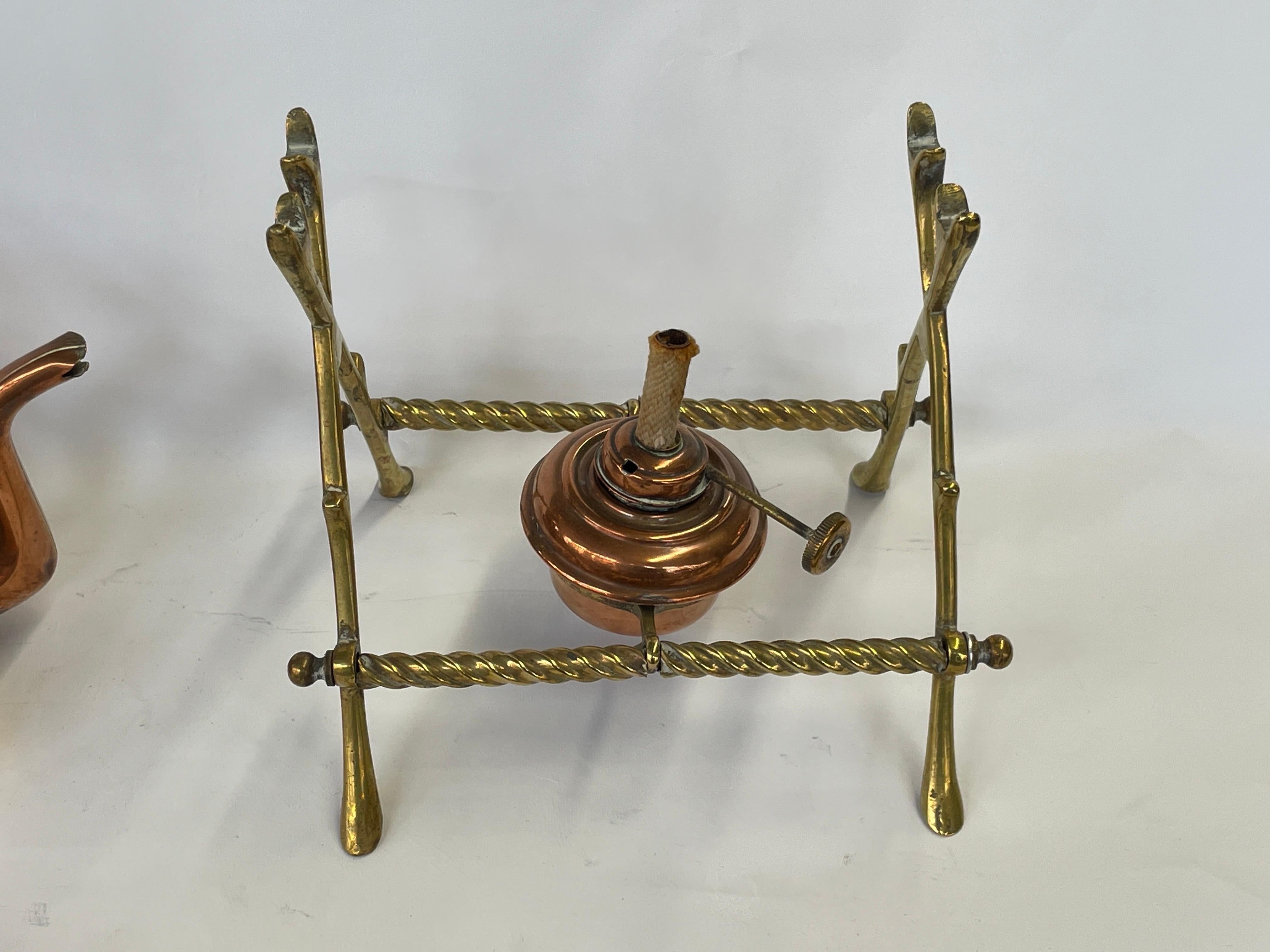 Brass Rare Antique English Aesthetic Movt. Chased Copper Square Tea Kettle on Stand For Sale