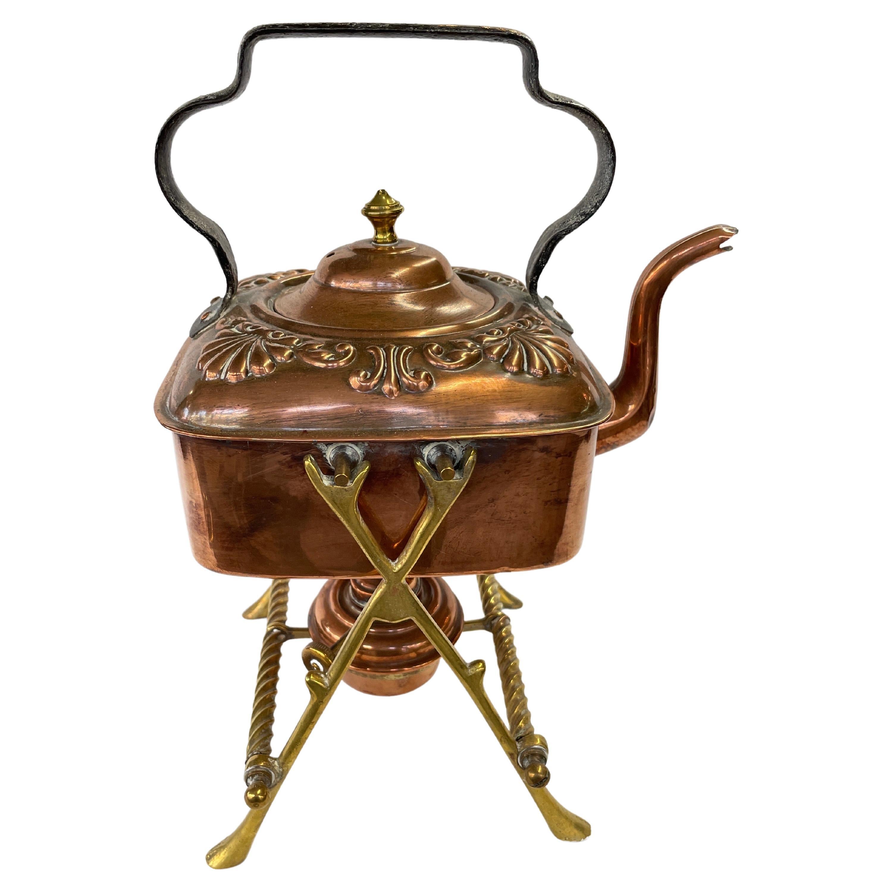 Rare Antique English Aesthetic Movt. Chased Copper Square Tea Kettle on Stand For Sale