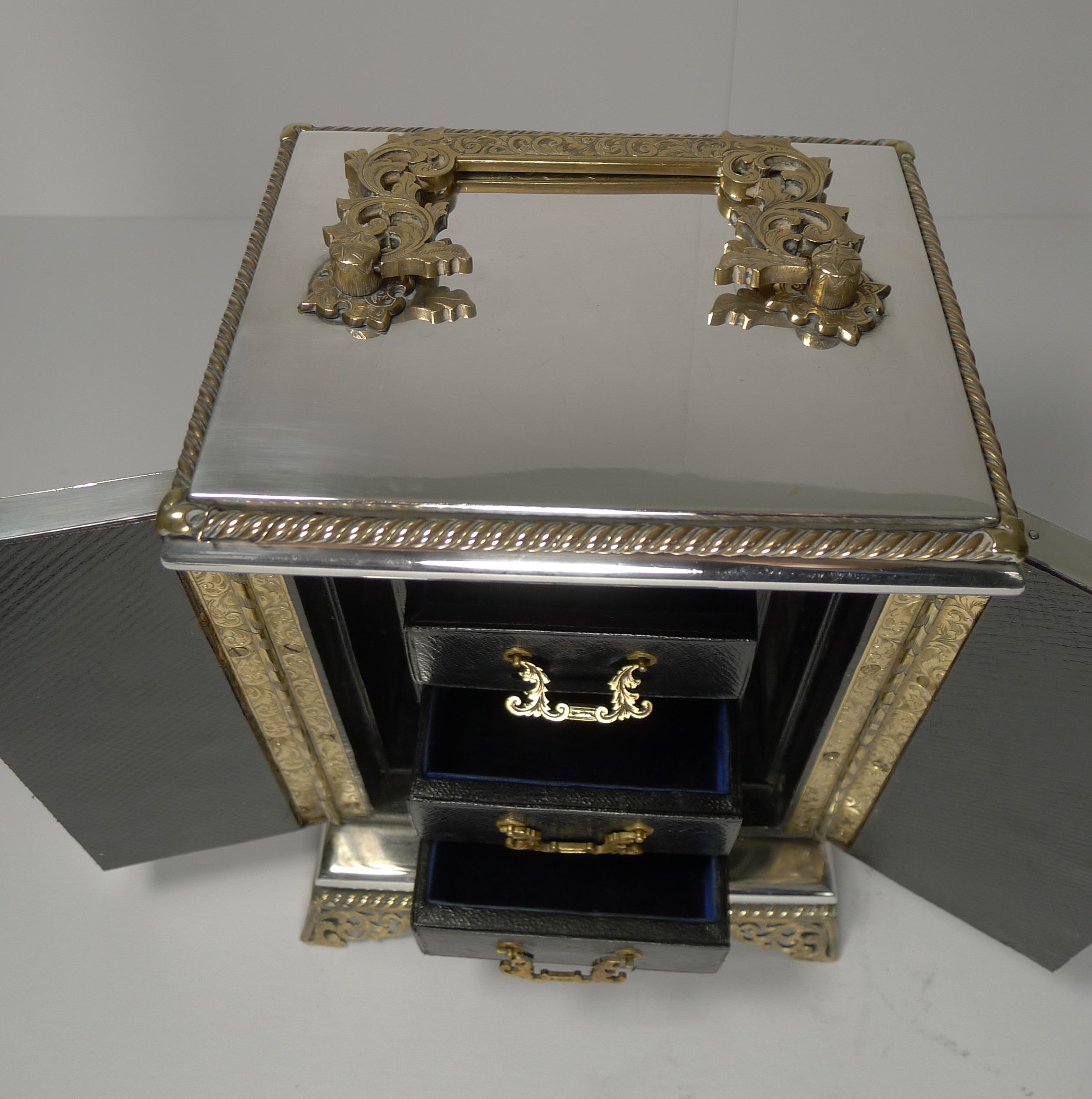 Silver Plate Rare Antique English Coin Safe / Jewelry Cabinet, circa 1860