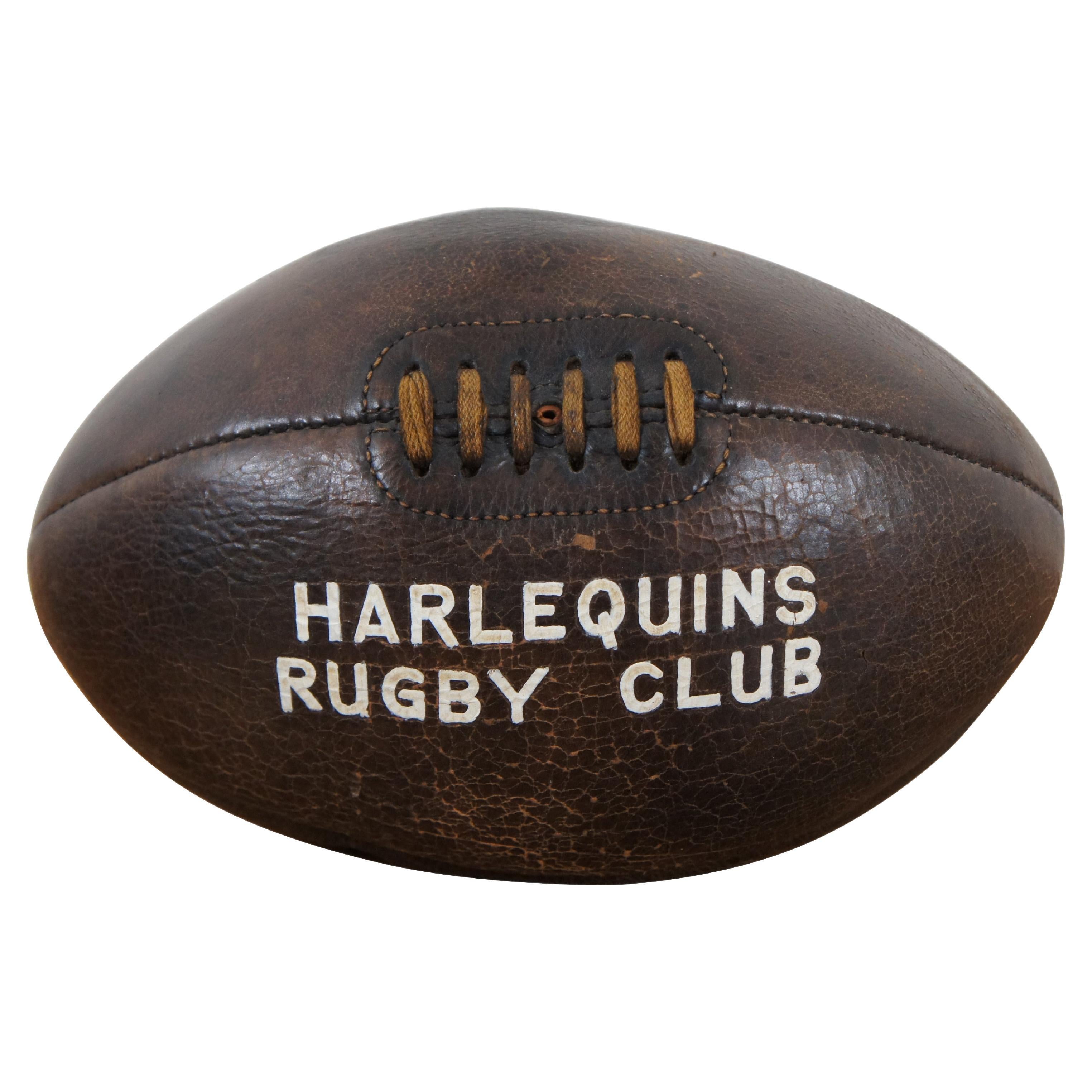 Rare Antique English Four Panel Leather Herlequins Rugby Football Club Ball 12"