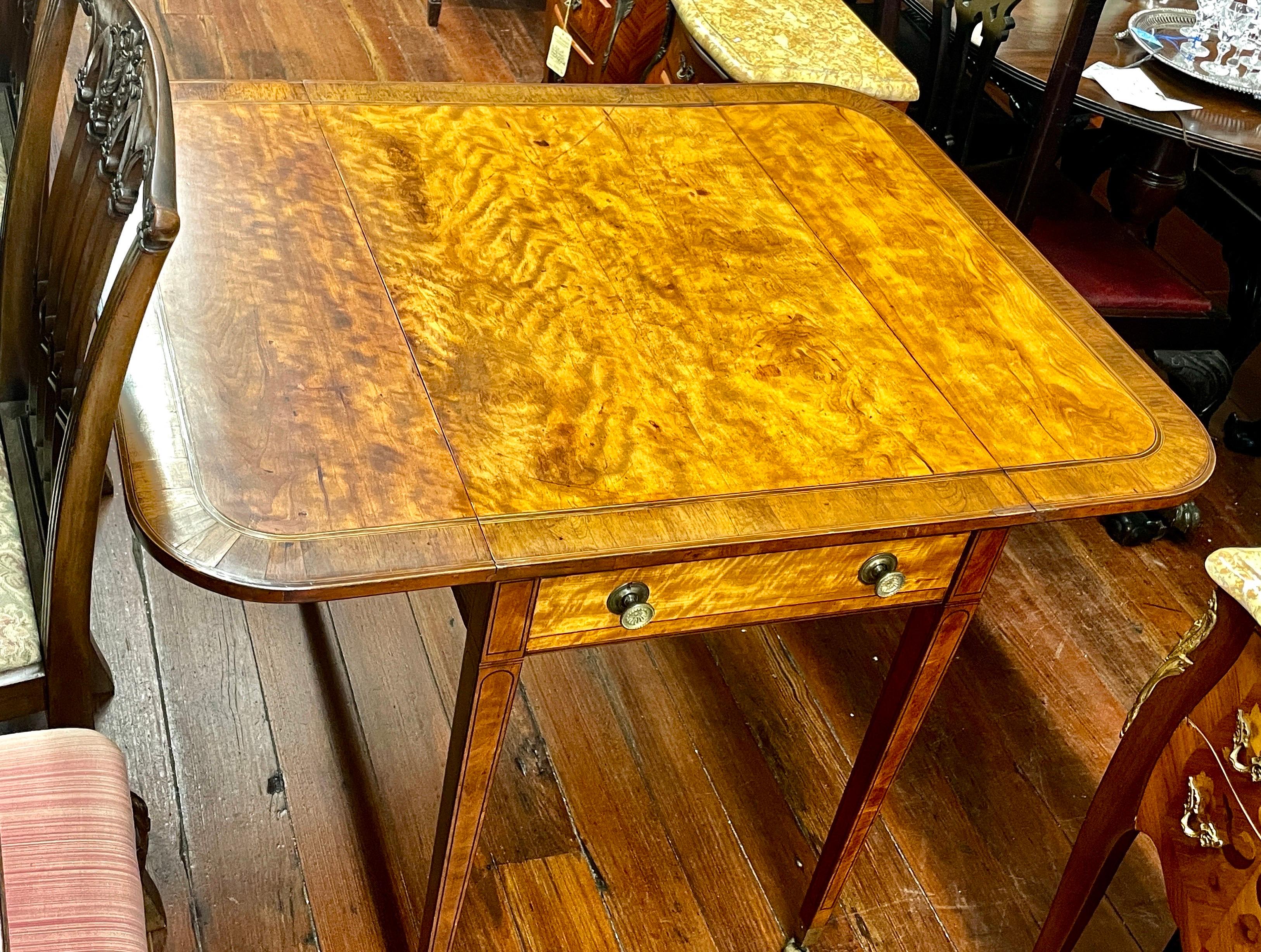 Inlay Rare Antique English Geo. III Regency Inlaid Satinwood Drop-Leaf Pembroke Table For Sale