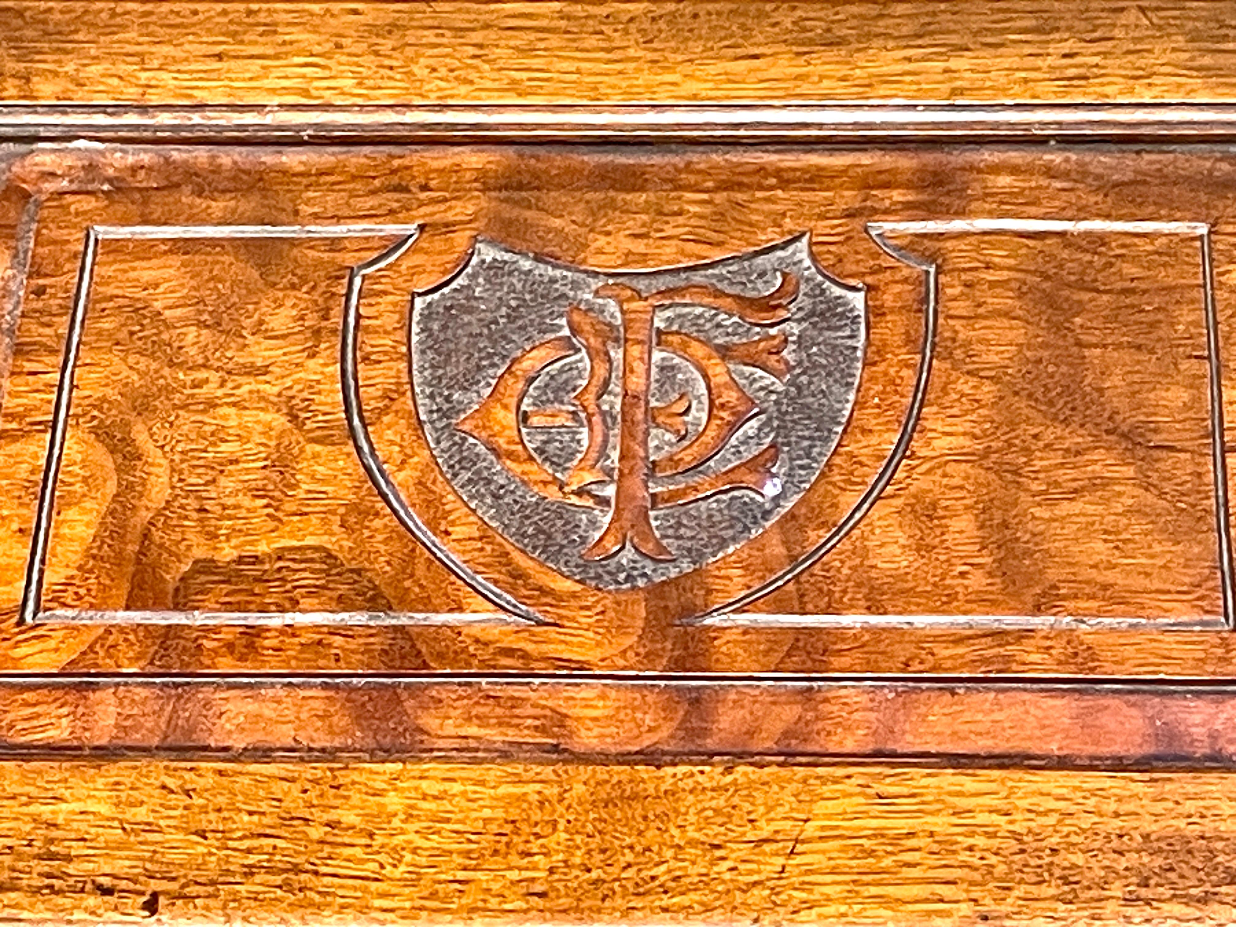 Gothic Revival Rare Antique English Hand Carved Burr Walnut Monogrammed Box, Satin-Lined For Sale