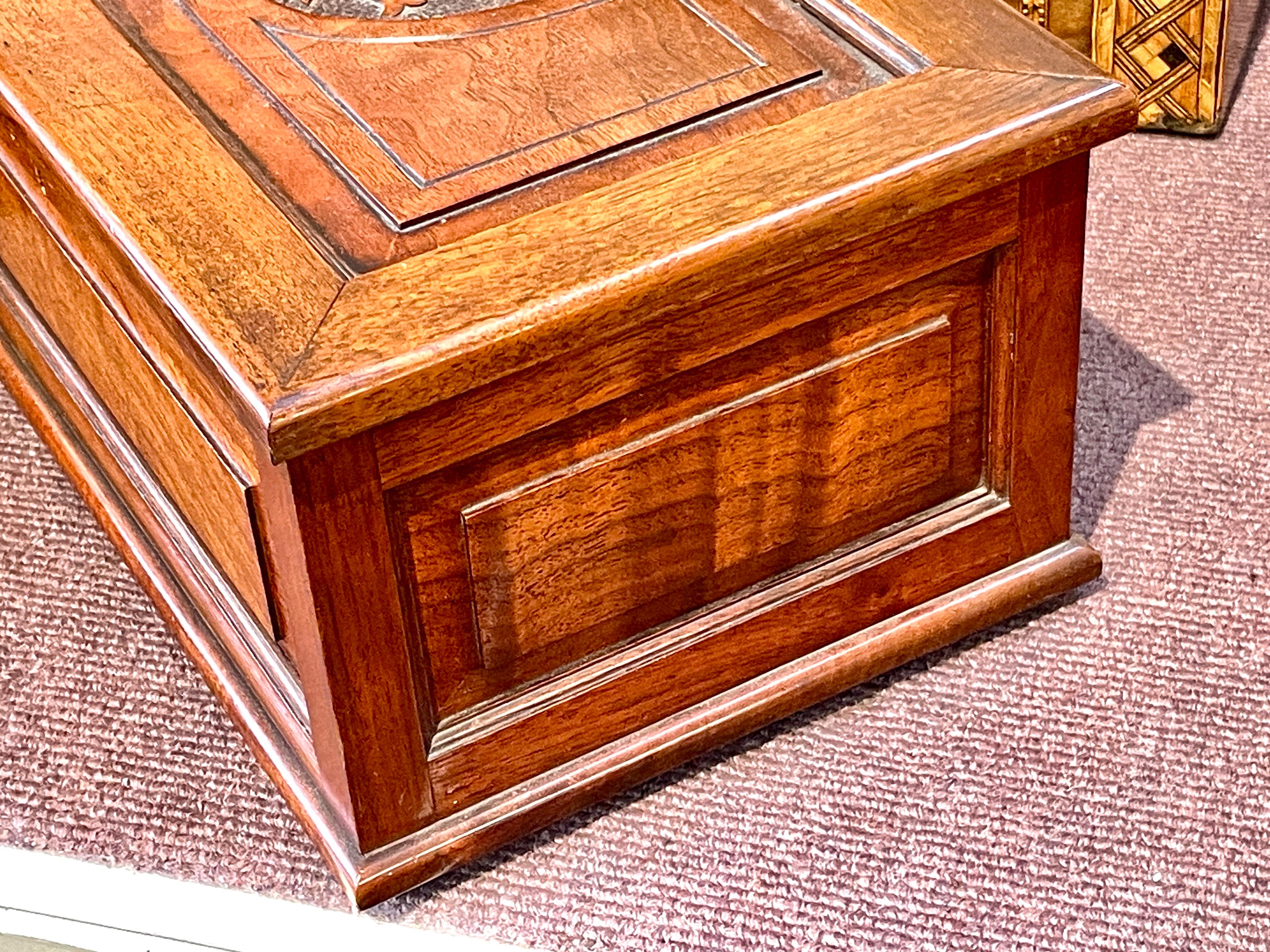 19th Century Rare Antique English Hand Carved Burr Walnut Monogrammed Box, Satin-Lined For Sale