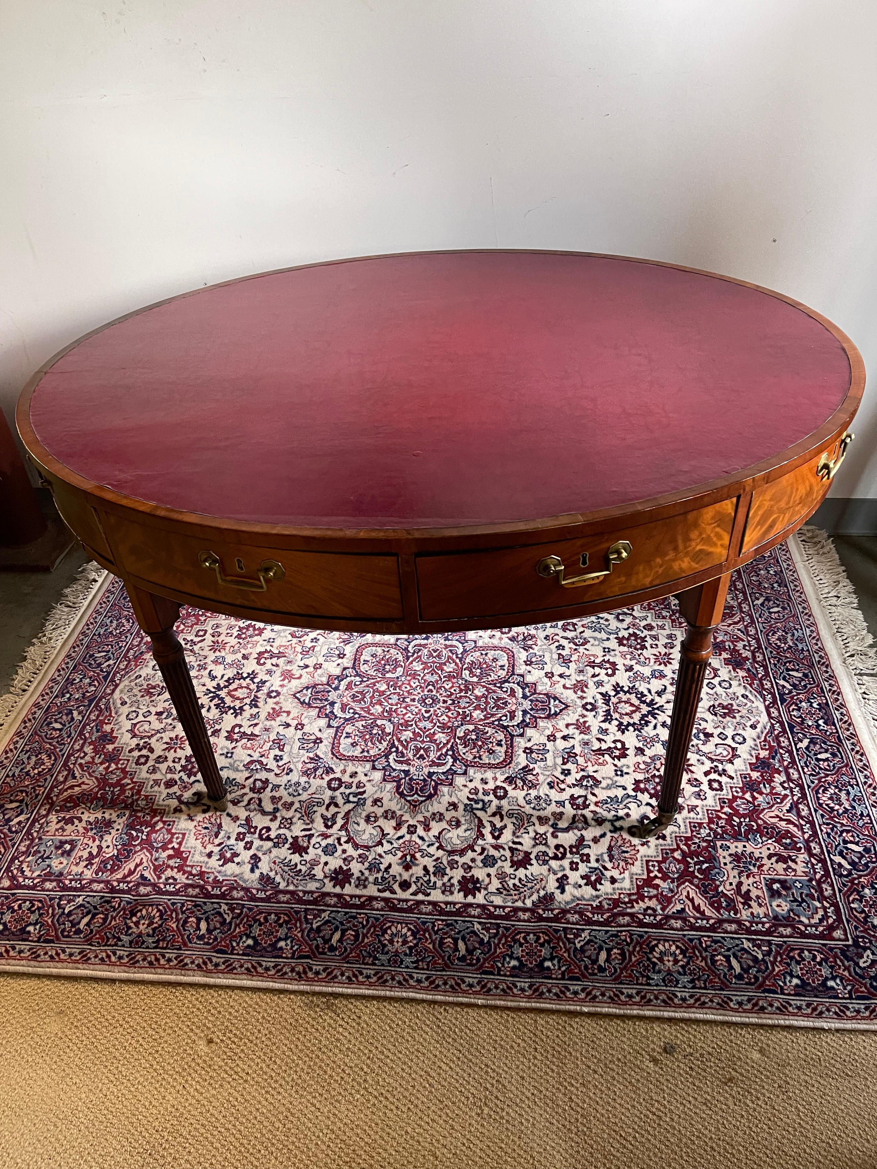 Rare Antique English Mahogany Leather Top Ebony Inlaid Oval Rent Table 5