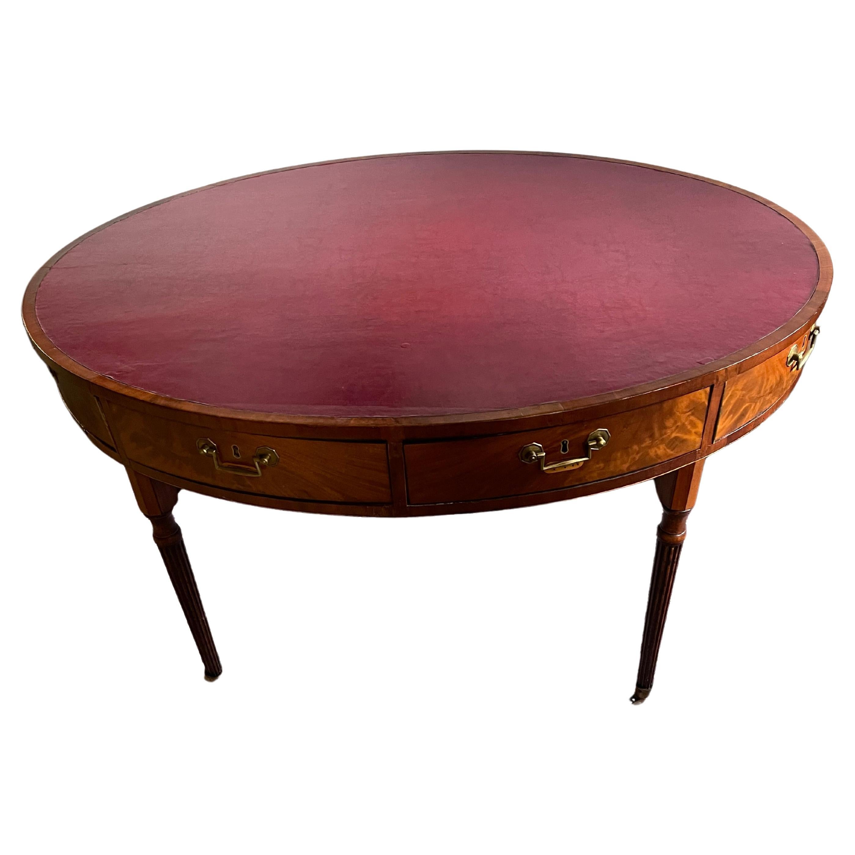 Rare Antique English Mahogany Leather Top Ebony Inlaid Oval Rent Table