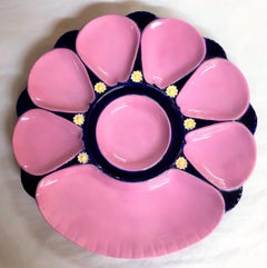 Rare Antique English Minton Majolica Oyster Plate with Cracker-Well, circa 1890