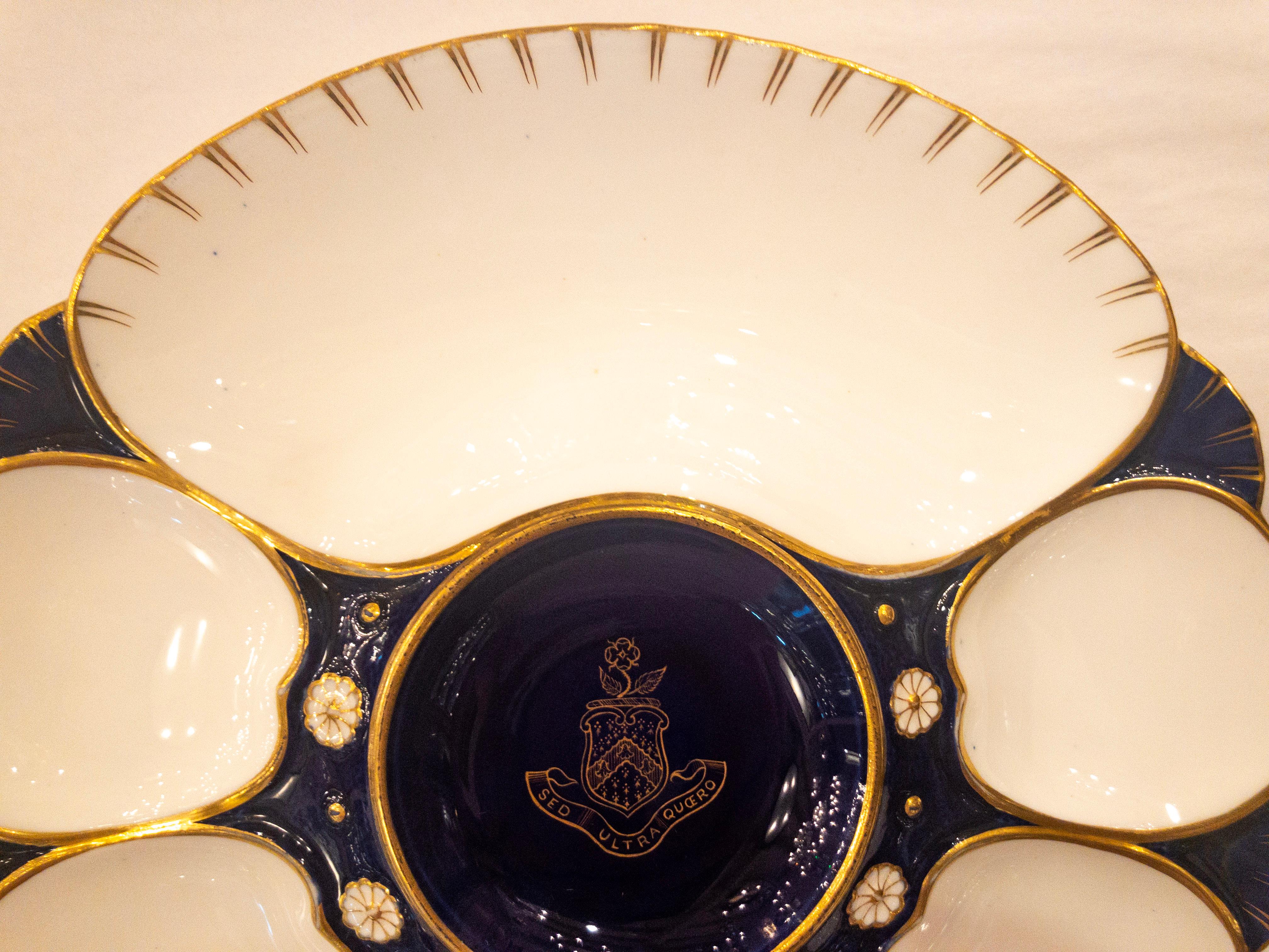 Early 20th Century Rare Antique English Minton Oyster Plate with Latin Crest and Large Cracker Well