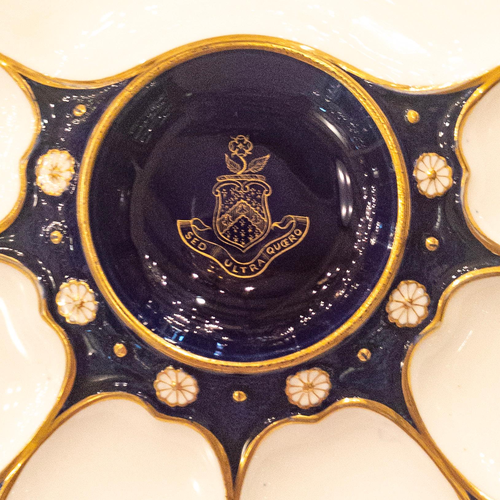 Porcelain Rare Antique English Minton Oyster Plate with Latin Crest and Large Cracker Well