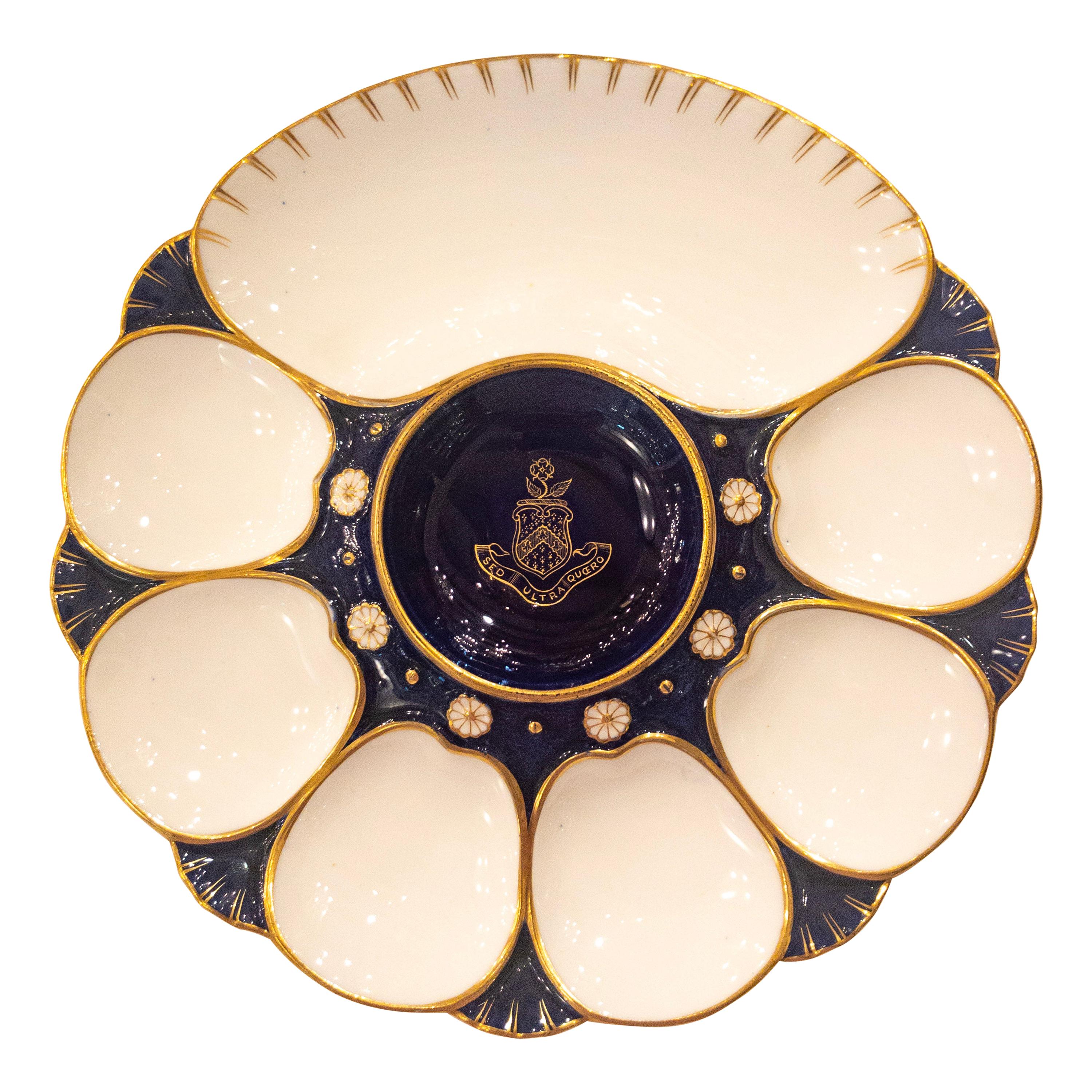 Rare Antique English Minton Oyster Plate with Latin Crest and Large Cracker Well