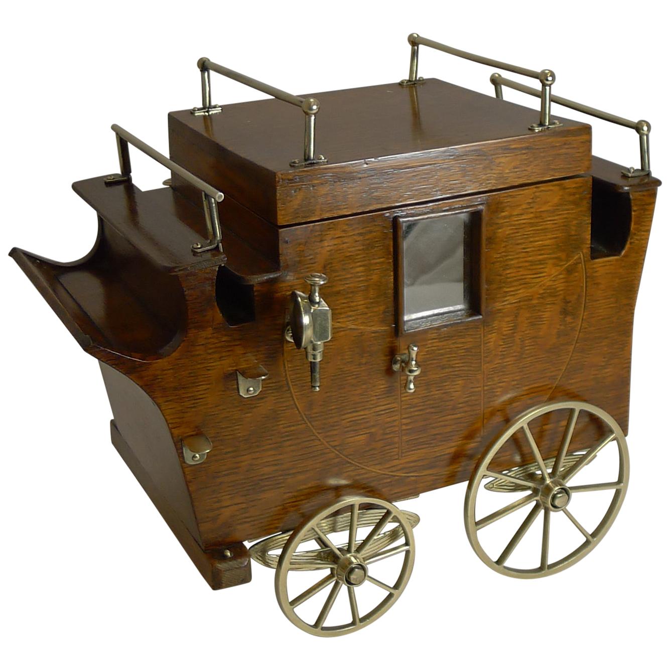Rare Antique English Oak Novelty Carriage Cigar Box / Humidor, Reg. 1904
