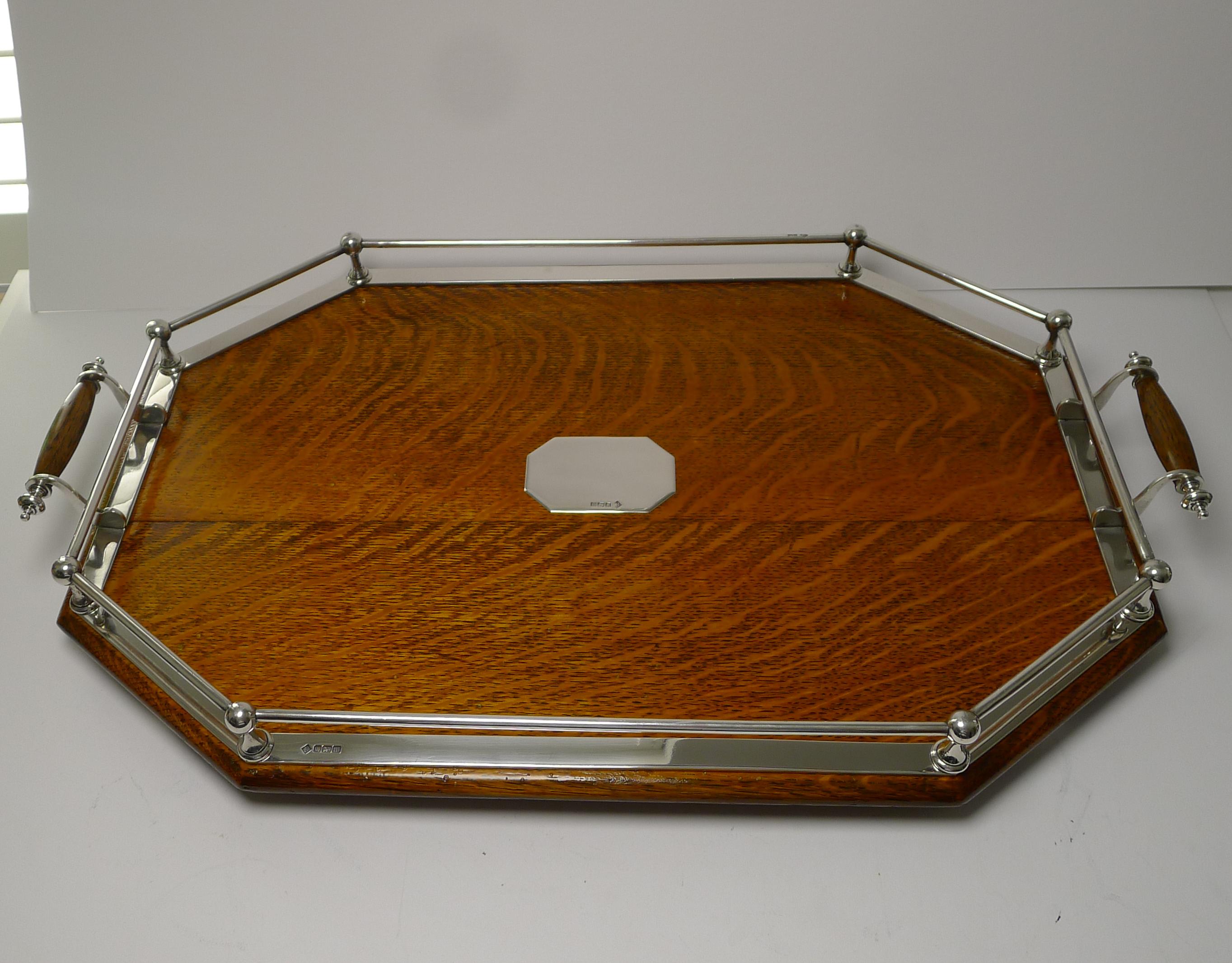 Rare Antique English Oak & Solid Sterling Silver Tray, 1904 For Sale 3