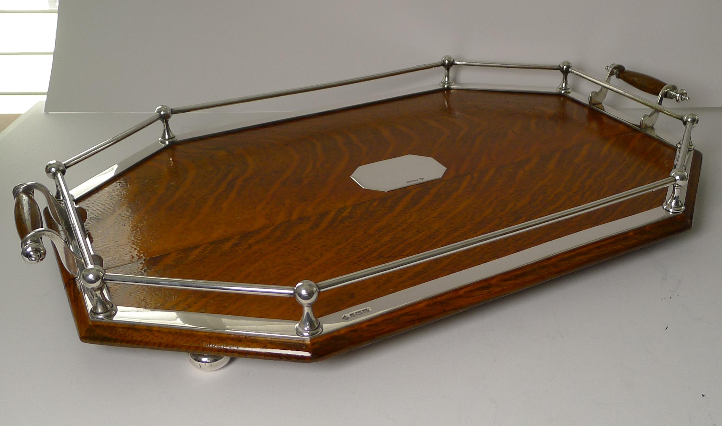 Rare Antique English Oak & Solid Sterling Silver Tray, 1904 For Sale 4