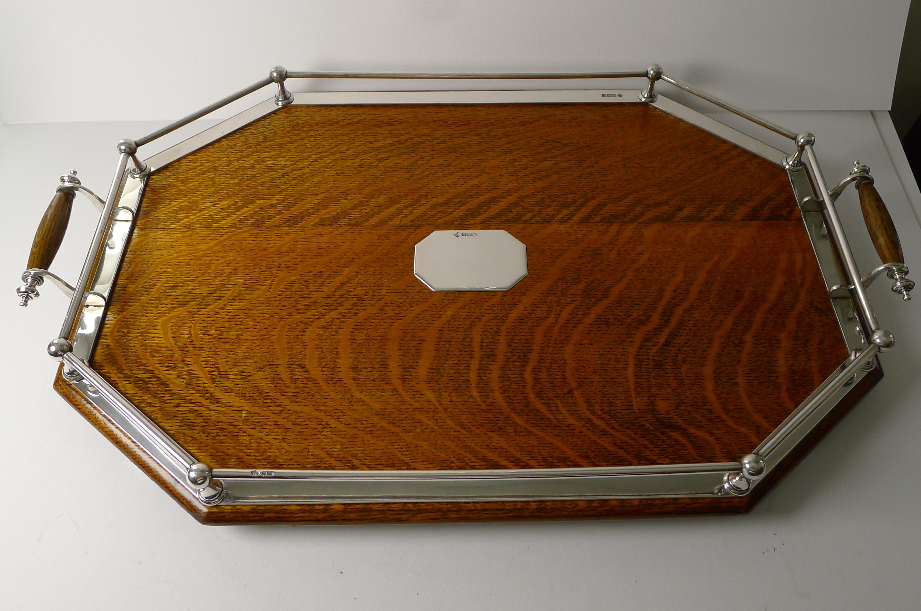 British Rare Antique English Oak & Solid Sterling Silver Tray, 1904 For Sale