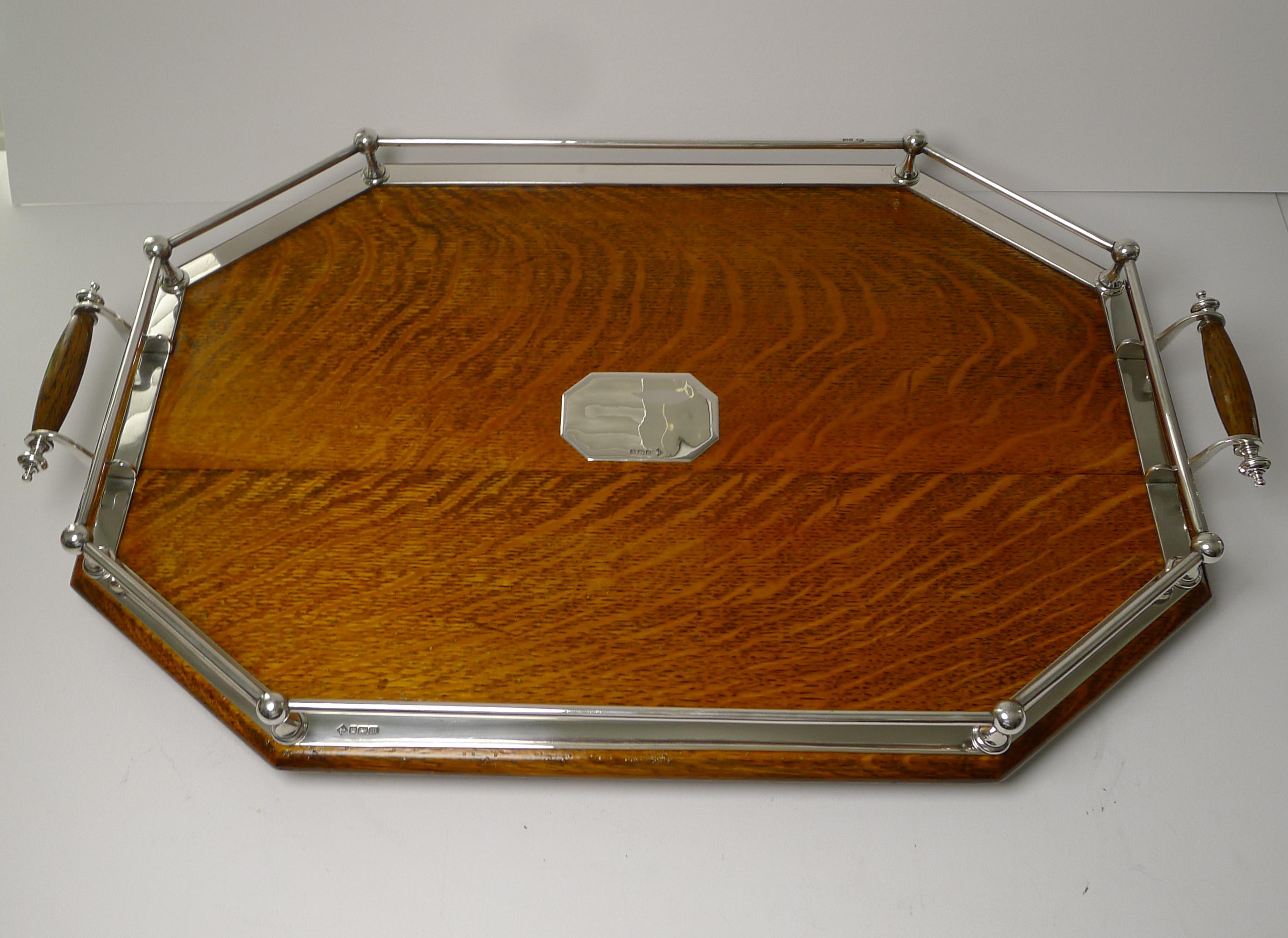 Rare Antique English Oak & Solid Sterling Silver Tray, 1904 For Sale 2