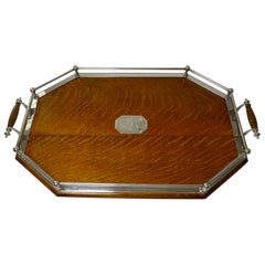 Rara bandeja antigua inglesa de roble y plata de ley maciza, 1904