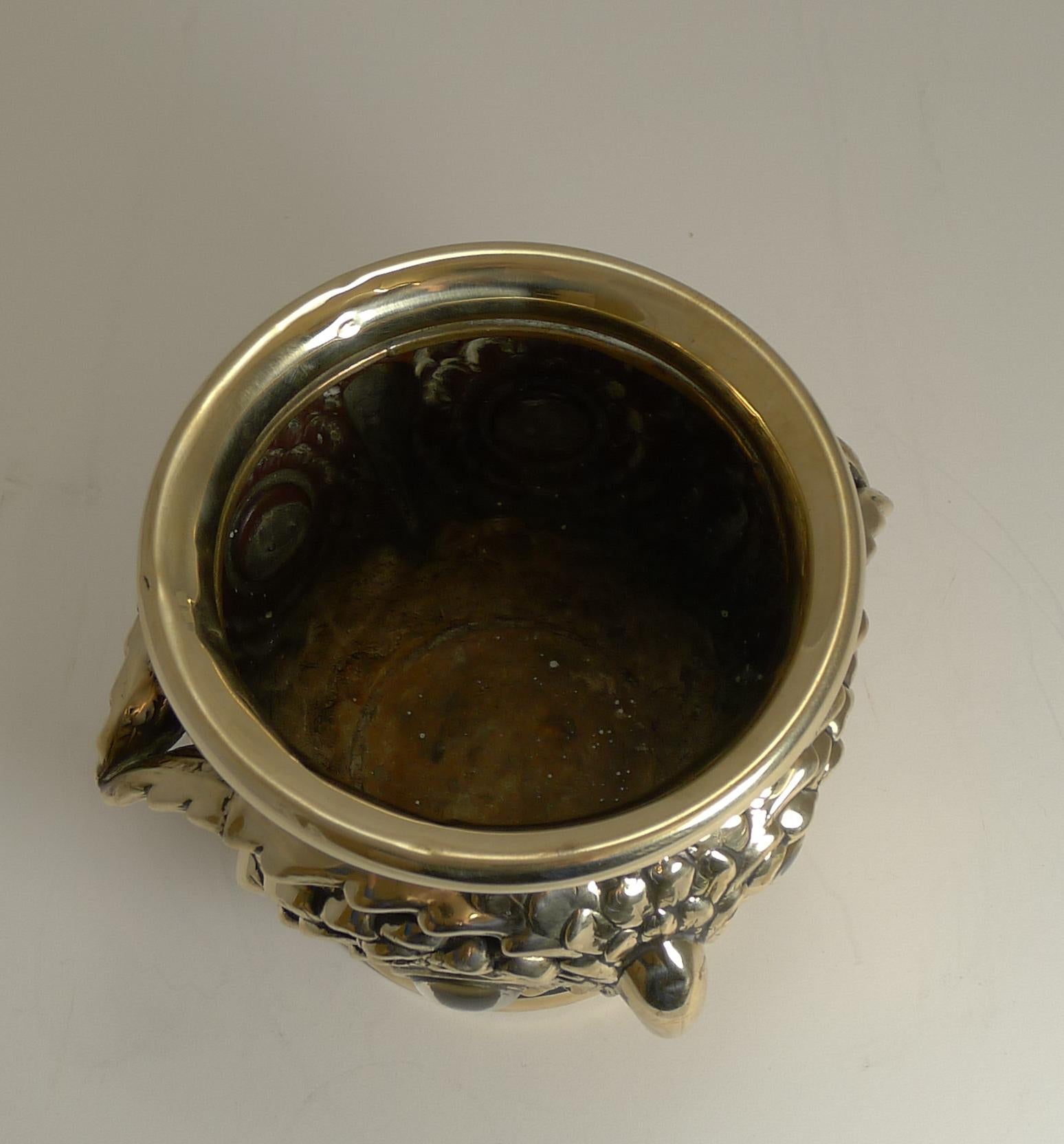 Brass Rare Antique English Owl Jardiniere / Planter circa 1880, Glass Eyes