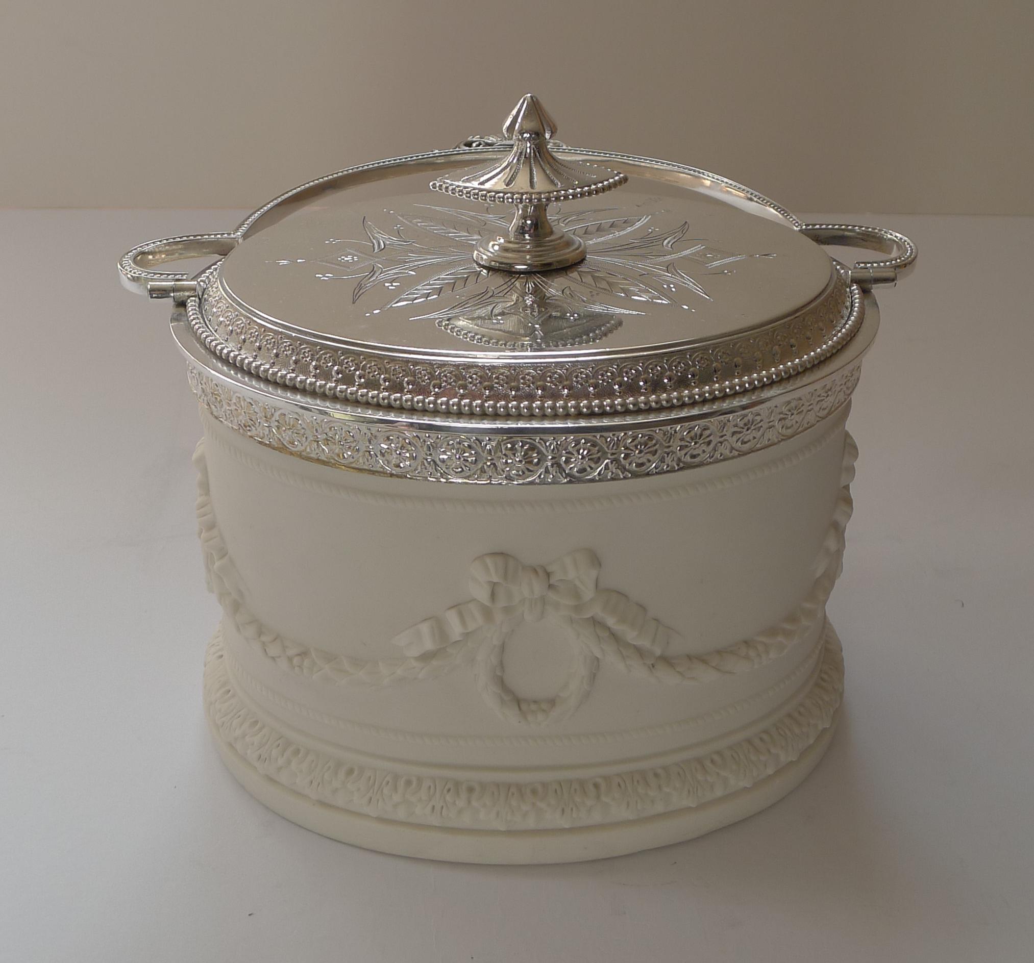 Rare Antique English Parian & Silver Plate Biscuit Box, c.1880 1