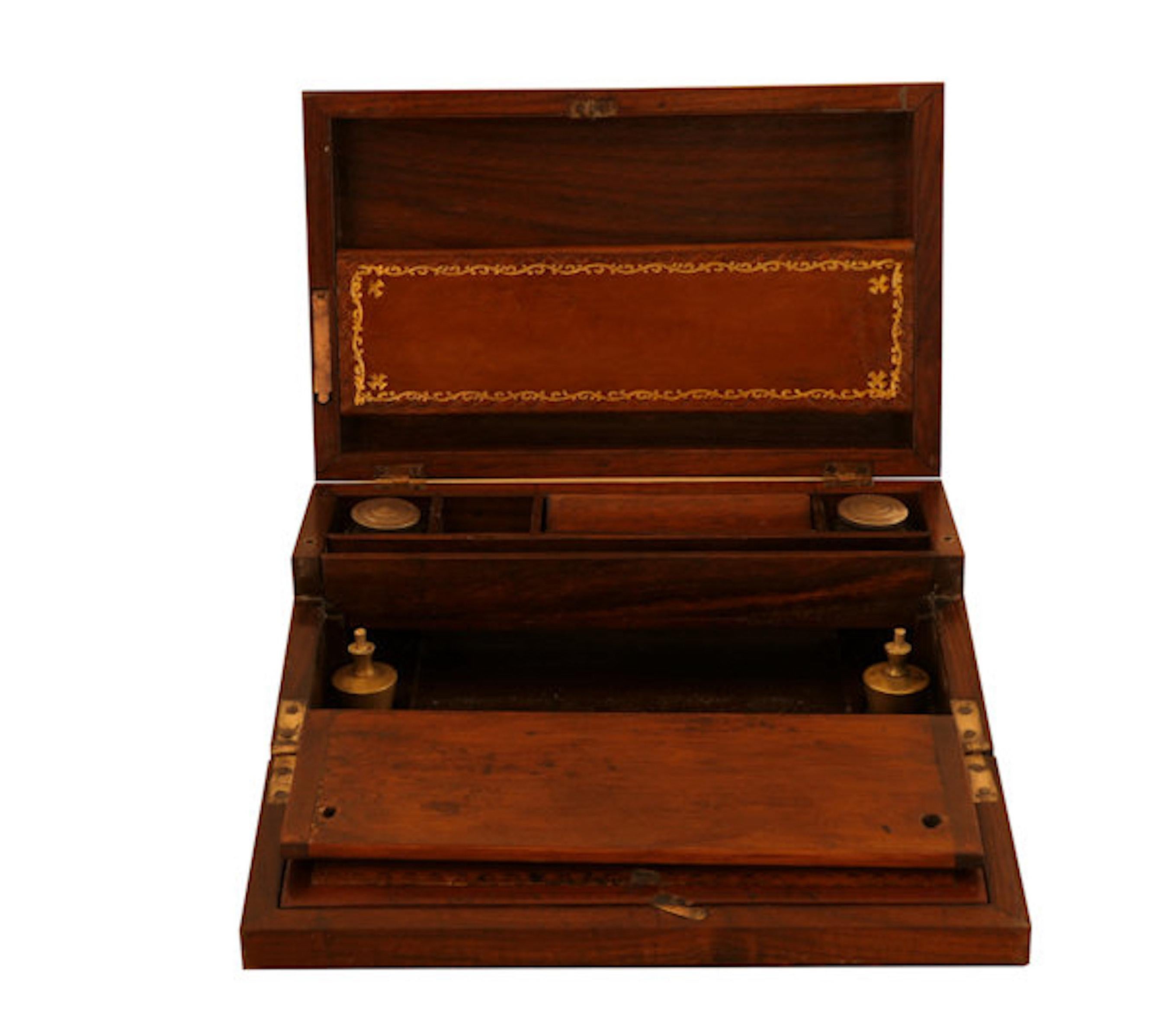 19th Century Rare Antique English Regency Brass Inlaid Mahog. Comprehensive Tri-fold Lap Desk