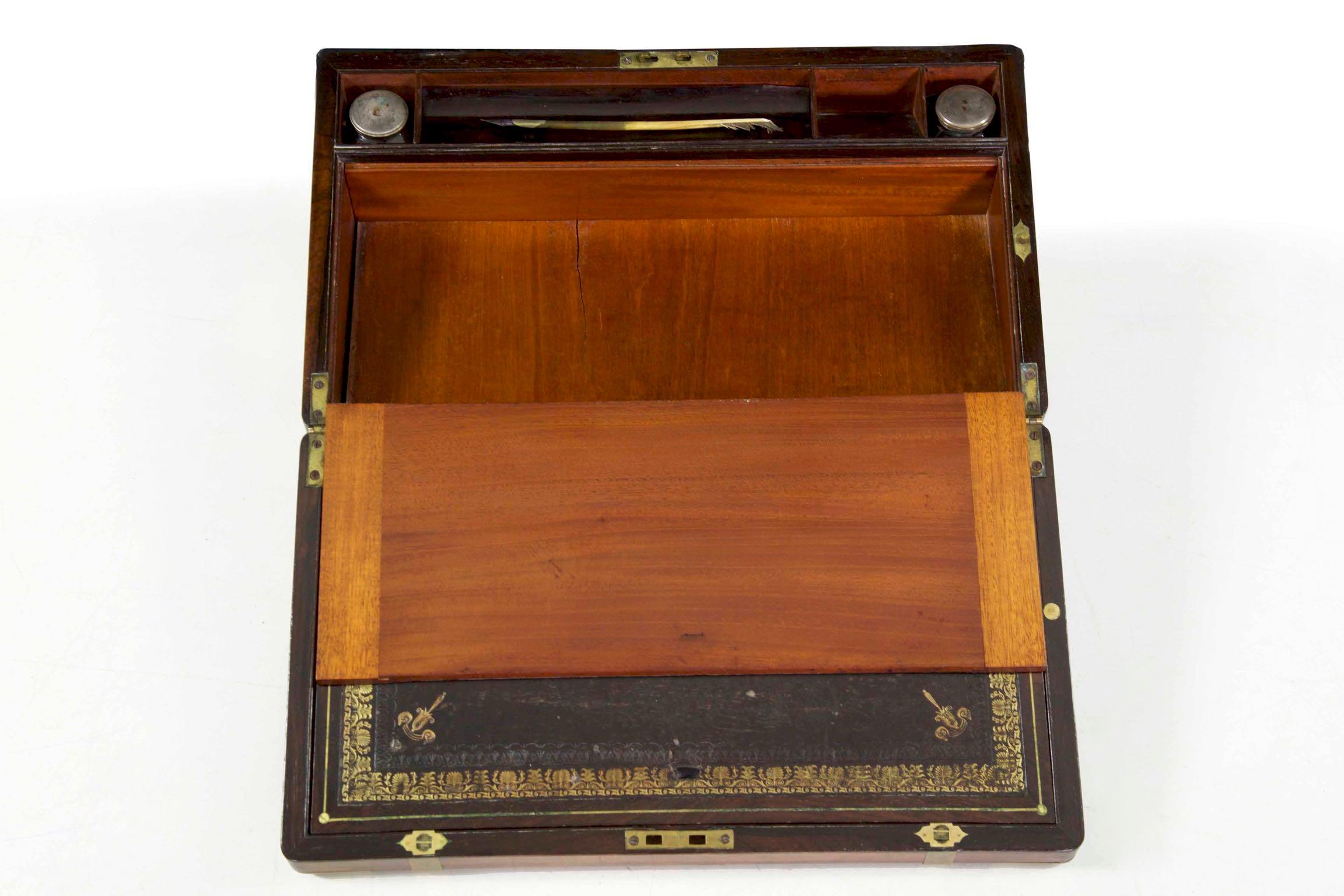 Early 19th Century Rare Antique English Regency Rosewood & Brass Writing Slope Box Lap Desk For Sale