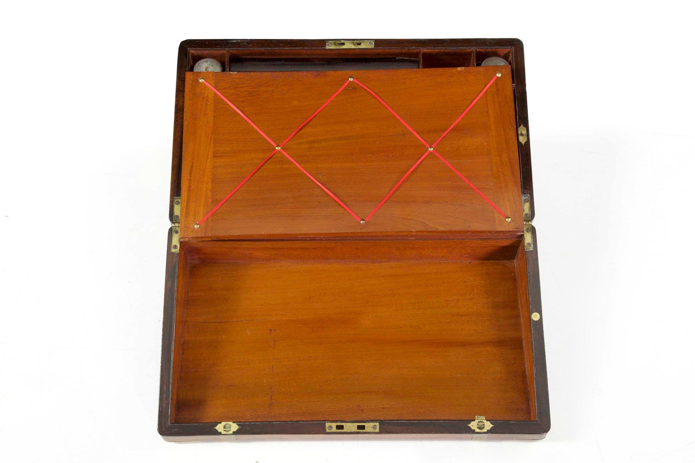 Rare Antique English Regency Rosewood & Brass Writing Slope Box Lap Desk For Sale 1