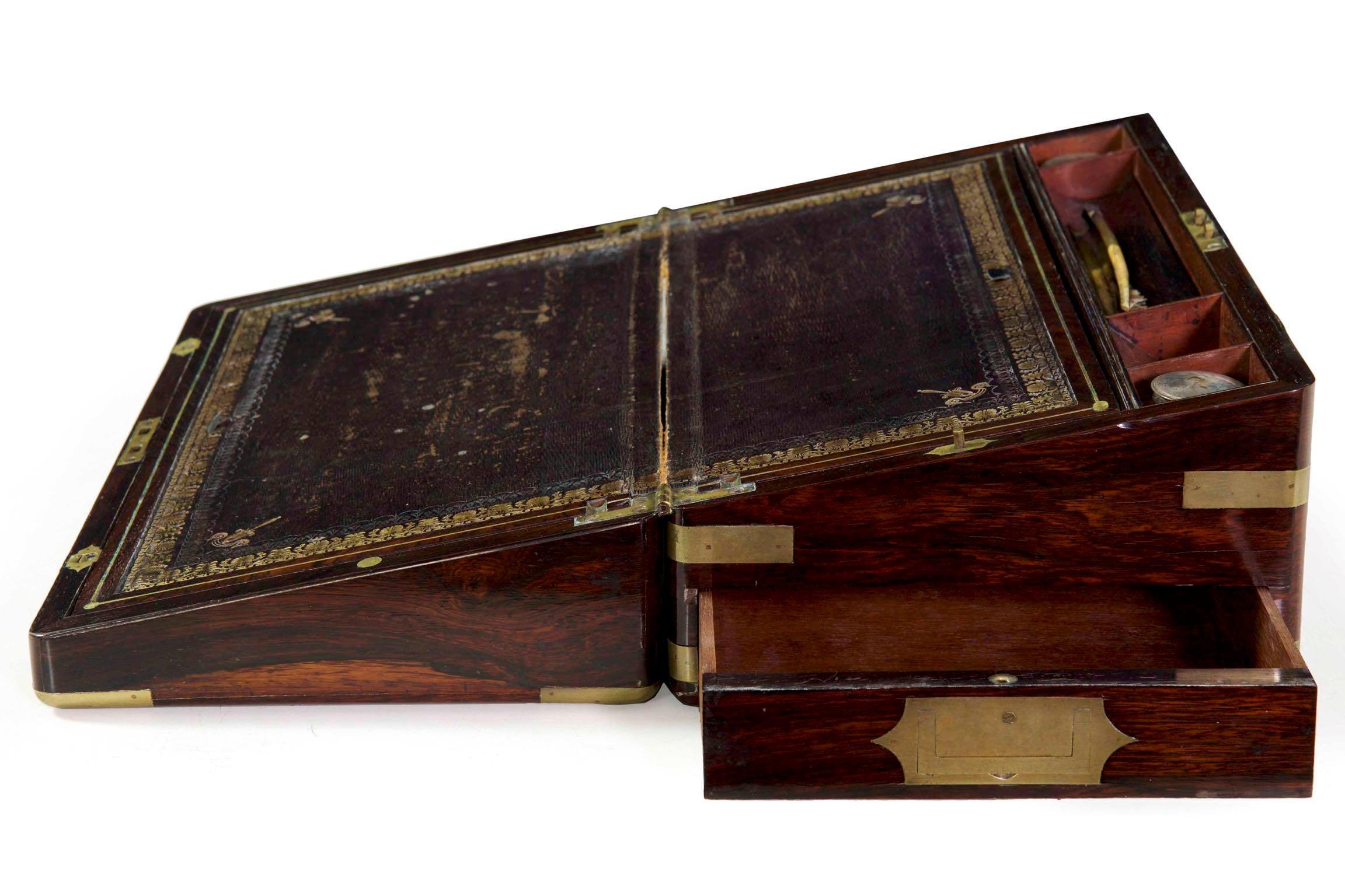 Rare Antique English Regency Rosewood & Brass Writing Slope Box Lap Desk For Sale 2
