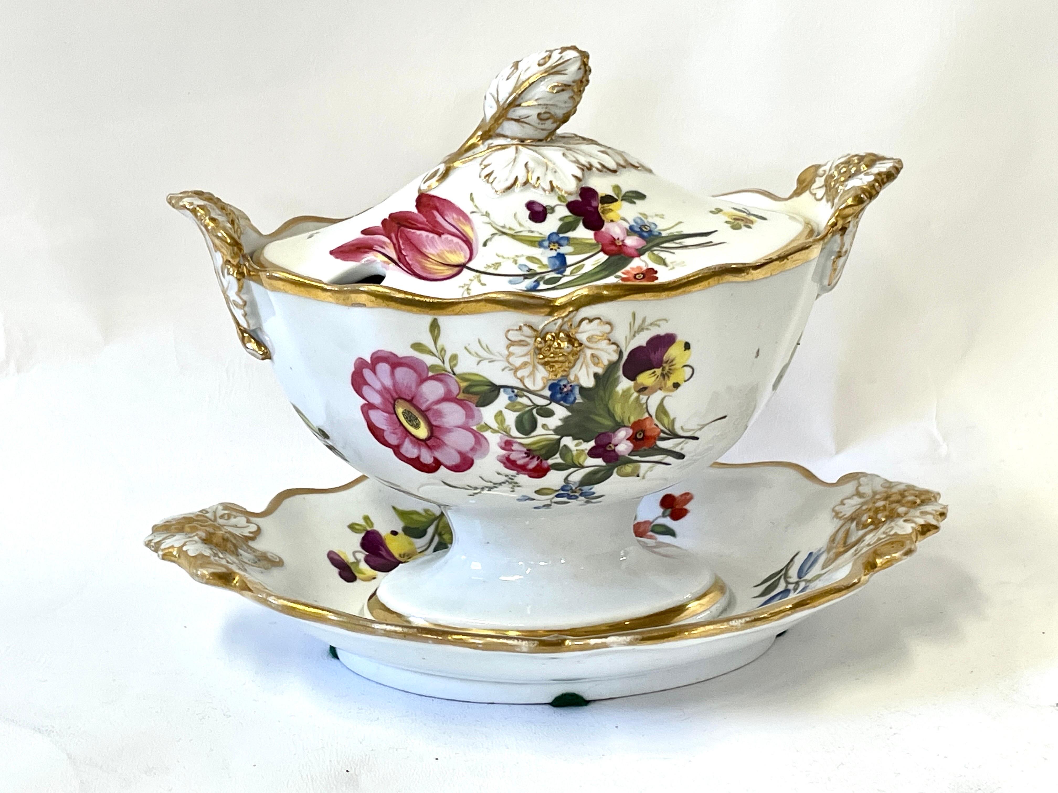 George III Rare Antique English Ridgway Hand Painted Porcelain Botanical Sauce Tureen