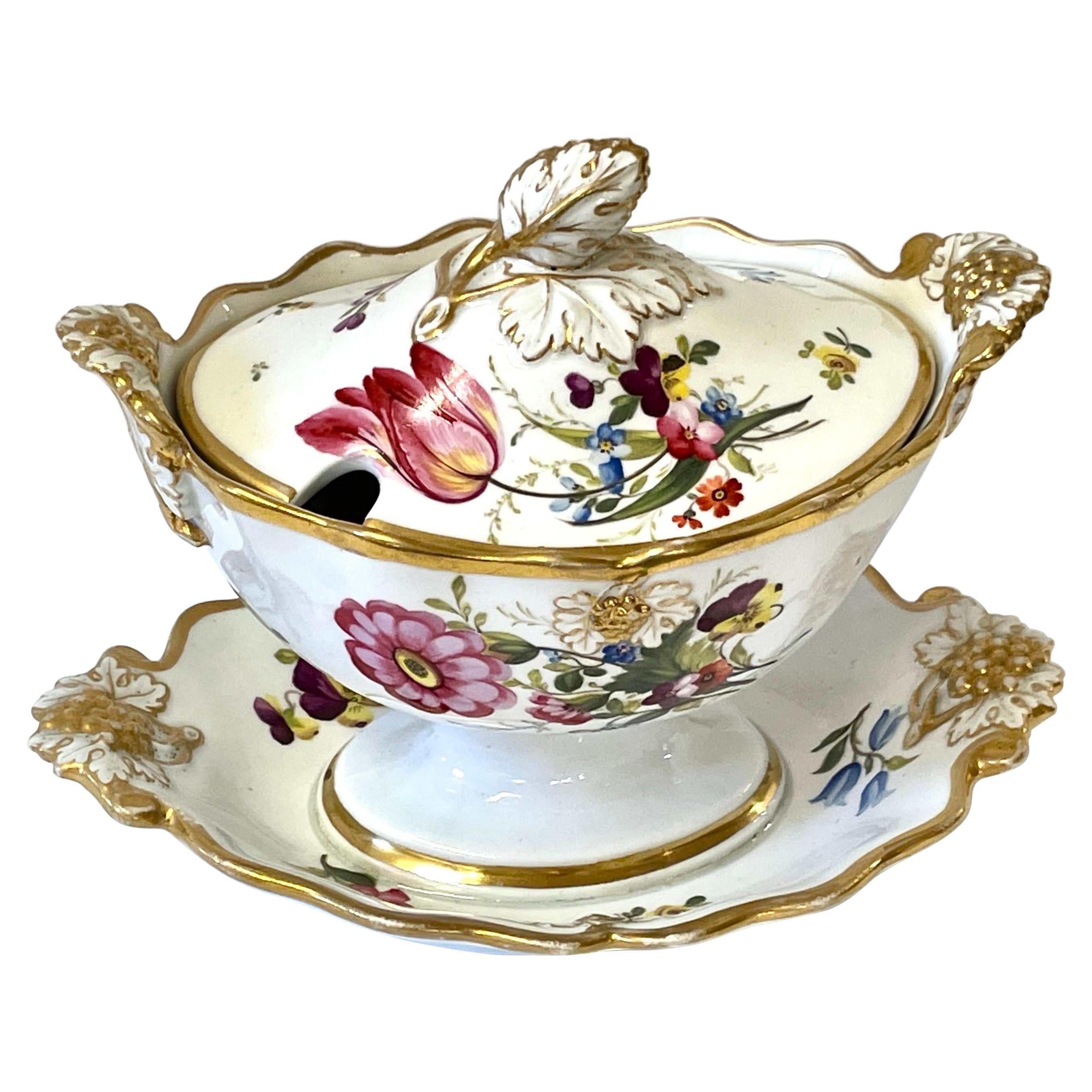 Rare Antique English Ridgway Hand Painted Porcelain Botanical Sauce Tureen