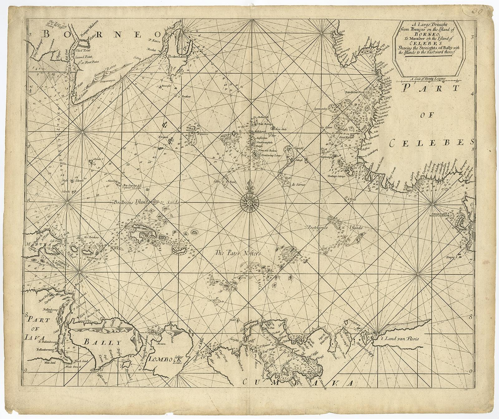 Antique map titled 'A Large Draught from Benjar on the Island of Borneo To Macasser on the Island of Celebes Shewing the Streight of Bally with the Islands to the Eastward thereof.' 

Rare early example of this working English Sea Chart of part of