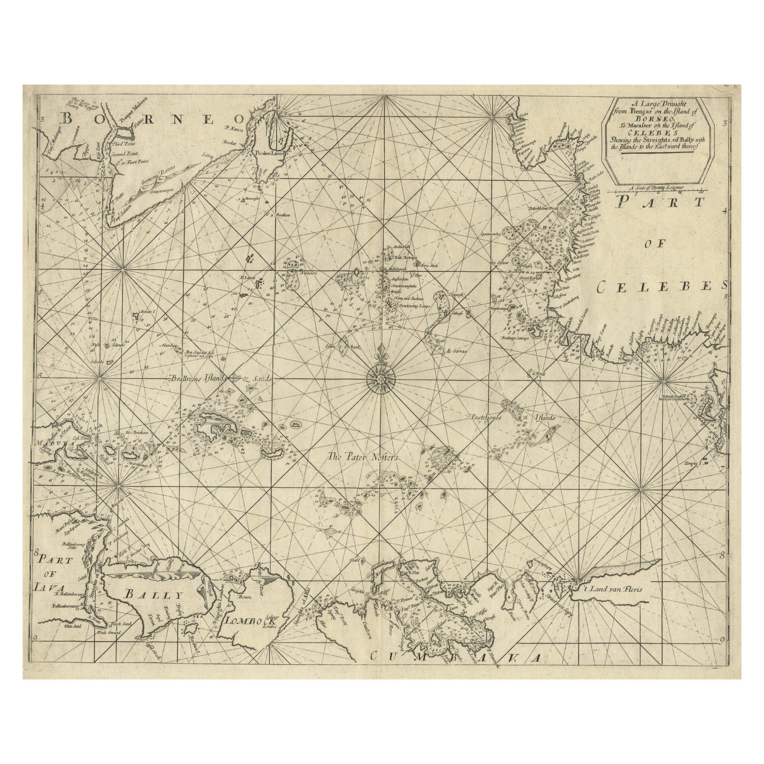 Rare carte de mer anglaise ancienne de Bali, Lombok, Floris, Borneo, Celebes etc, 1711