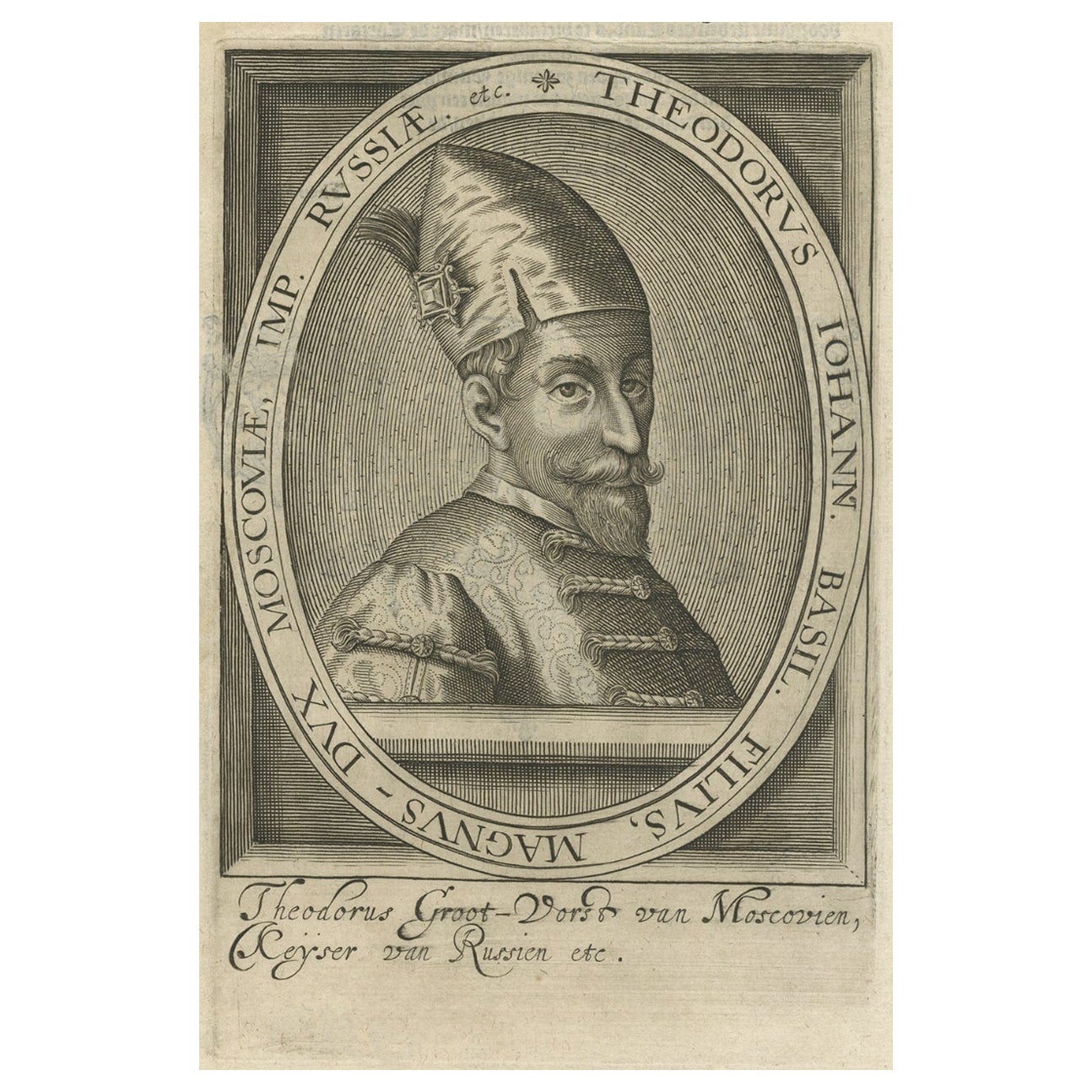Seltenes antikes graviertes Porträt von Theodor, Herrscher von Moskau, Russland, 1615