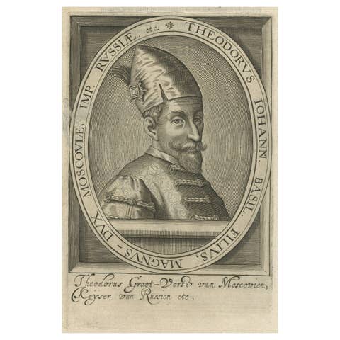 Rare Antique Engraved Portrait of Theodor, Sovereign of Moscow, Russia, 1615