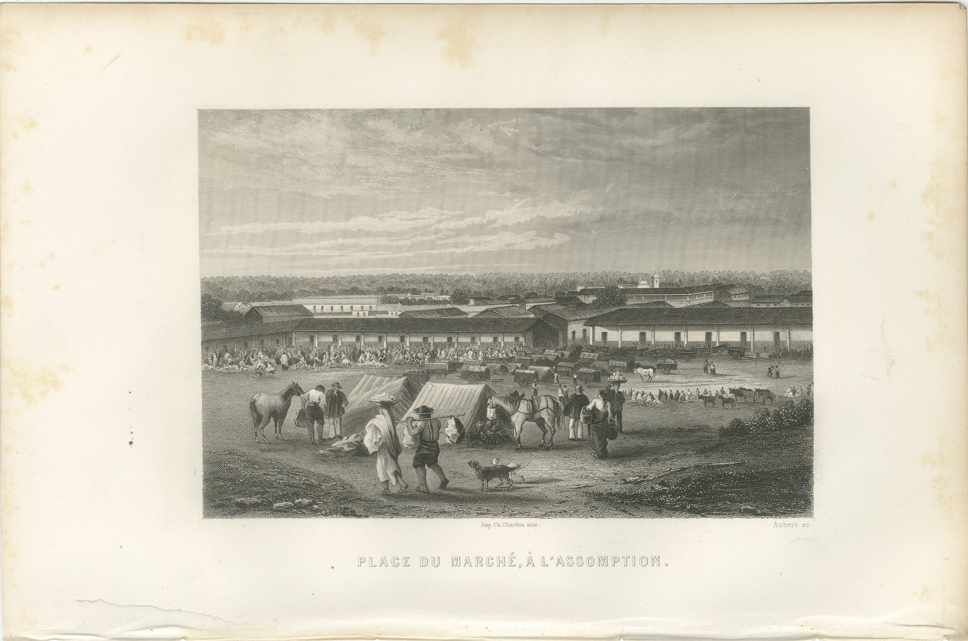 Gravure ancienne d'Asunción, Place du marché, 1867

Gravure intitulée Place du Marché, à l'Assomption, publiée en 1867. La scène représente la place du marché animée d'Asunción, capitale du Paraguay, au milieu du XIXe siècle. Au premier plan, des