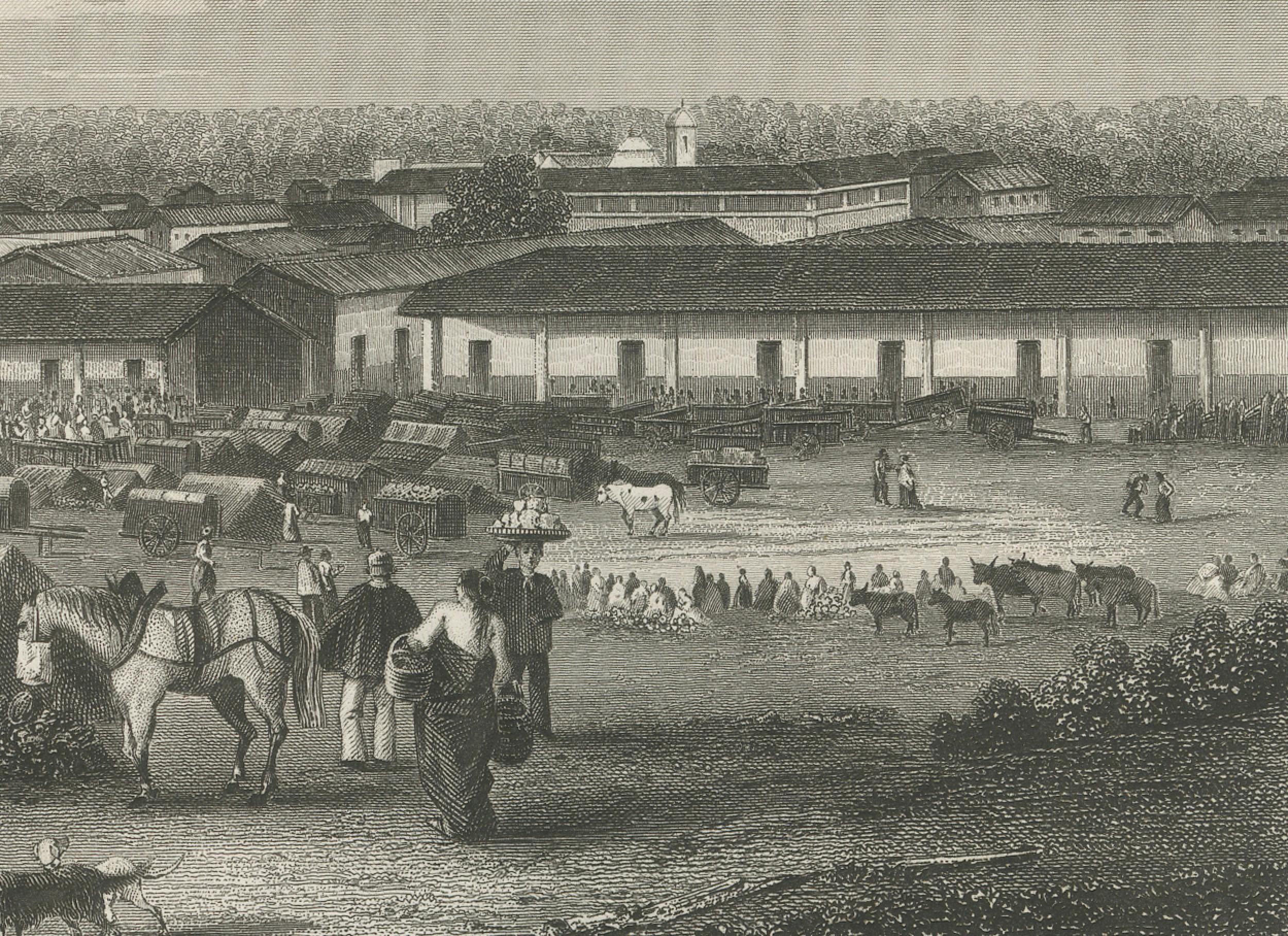 Français Rare gravure ancienne - Place du marché d'Asunción, Paraguay, 1867 en vente