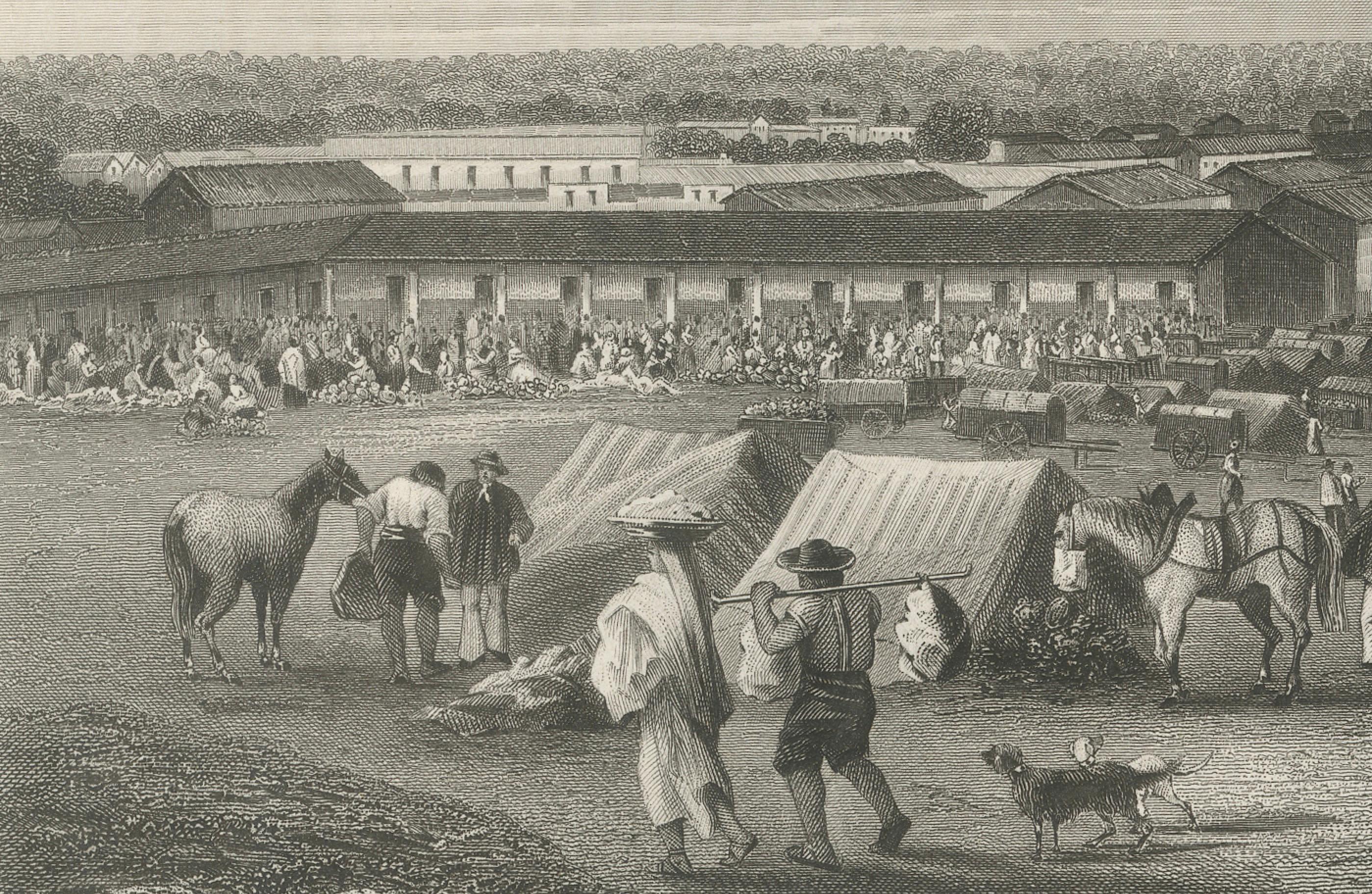 Gravé Rare gravure ancienne - Place du marché d'Asunción, Paraguay, 1867 en vente