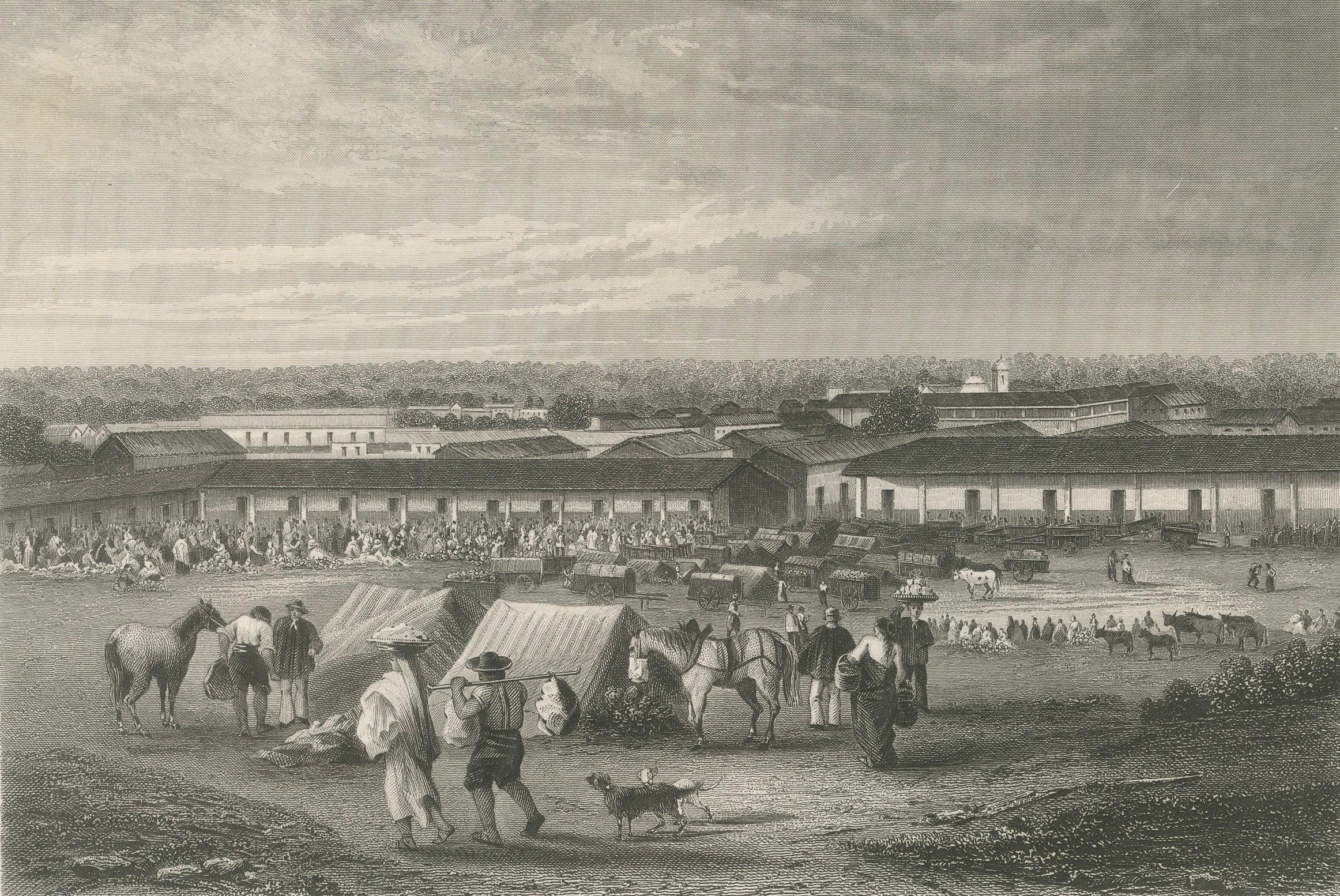 Milieu du XIXe siècle Rare gravure ancienne - Place du marché d'Asunción, Paraguay, 1867 en vente