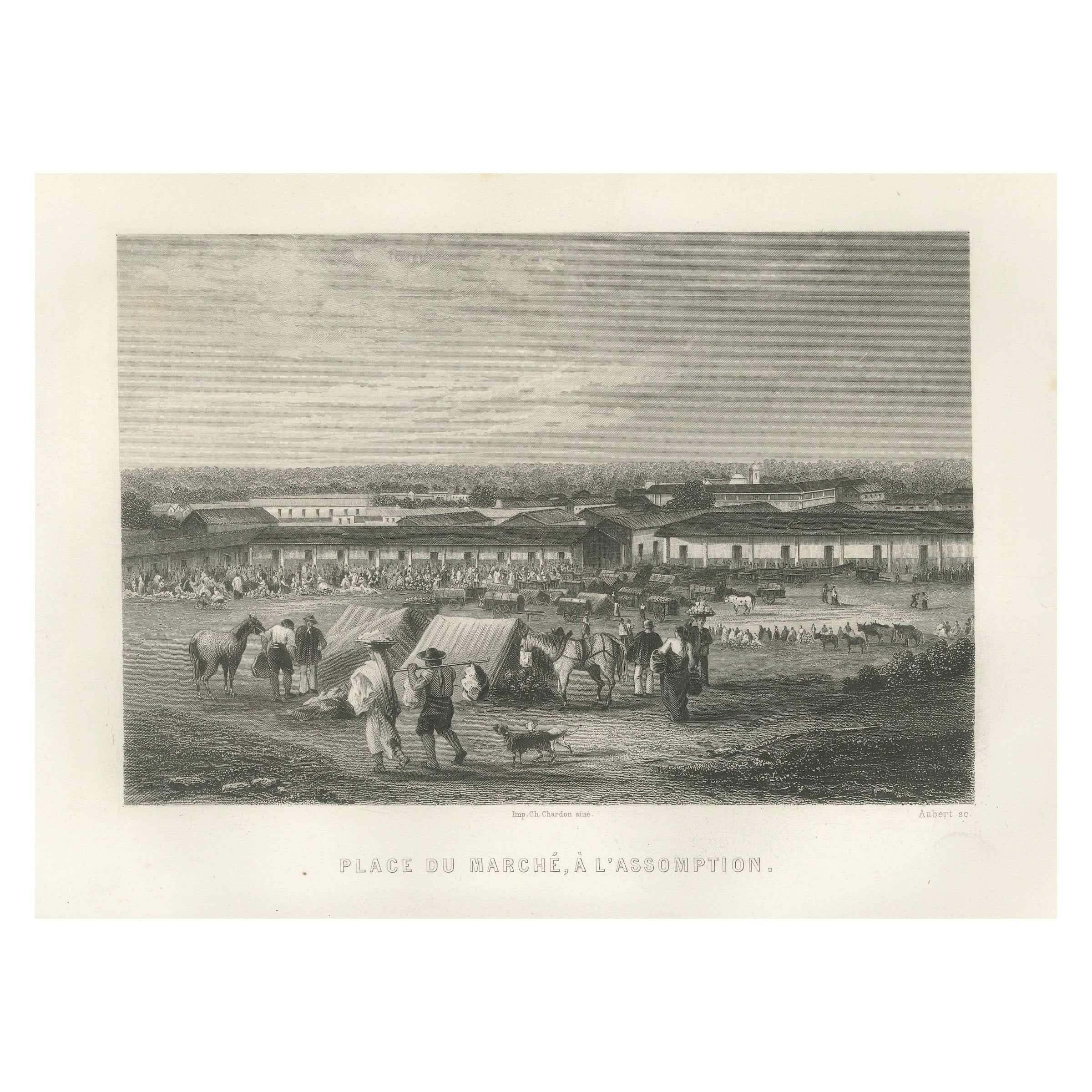 Rare gravure ancienne - Place du marché d'Asunción, Paraguay, 1867 en vente