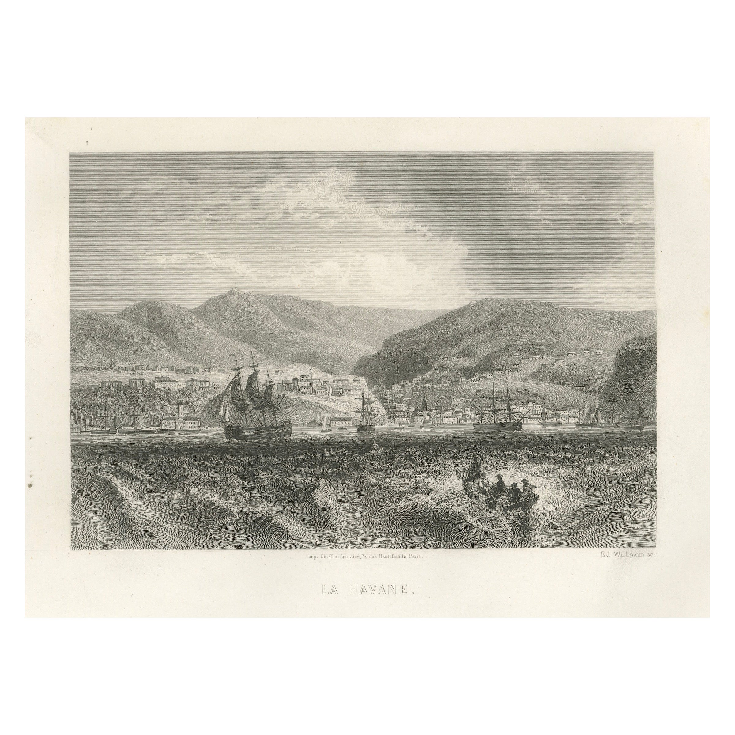 Rare gravure ancienne - La Havane, Cuba, paysage portuaire et urbain, 1867