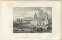 Rare Antique Engraving – Lima, Peru with Cathedral and Plaza Mayor, 1867