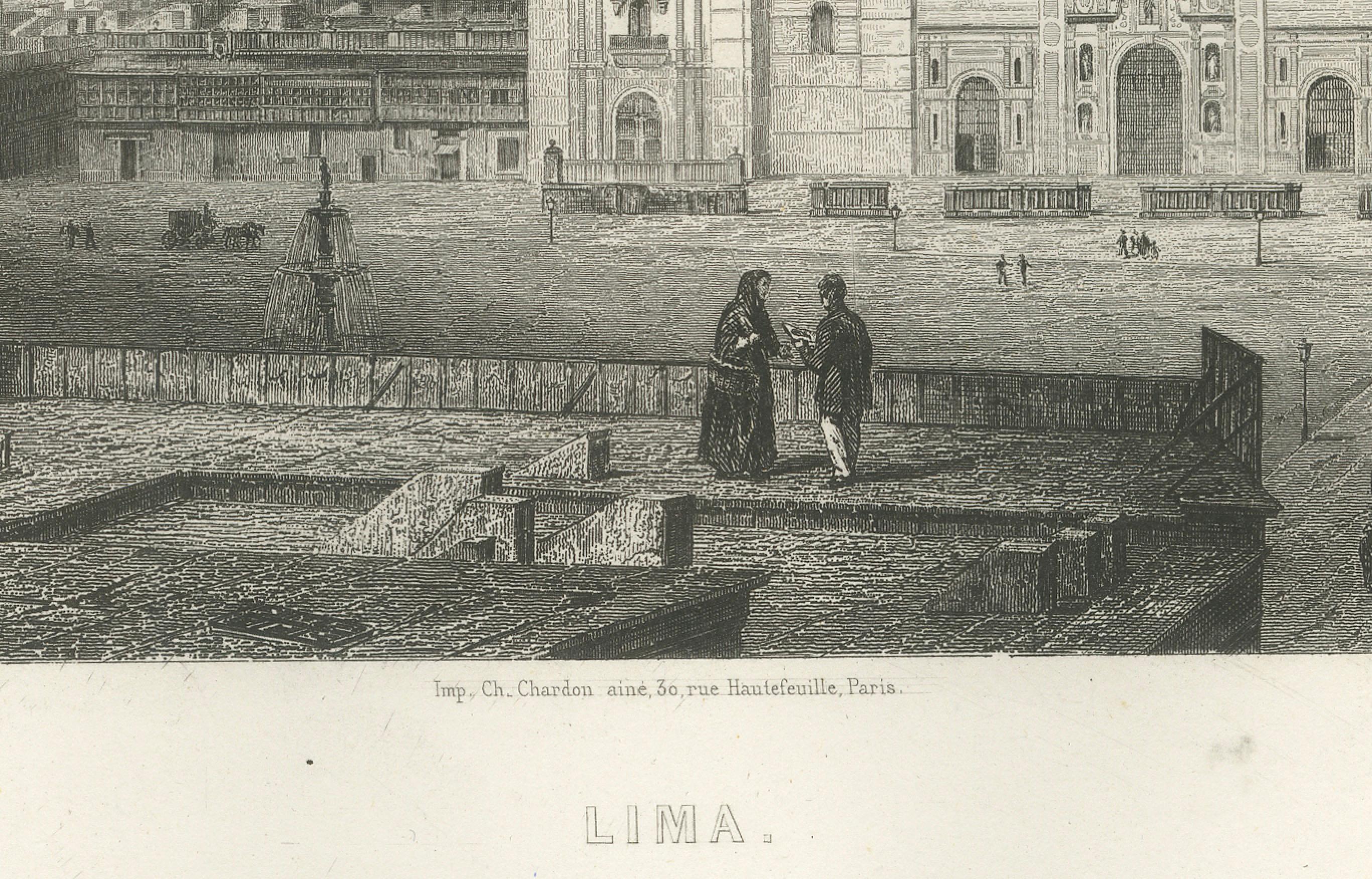 Seltener antiker Kupferstich - Lima, Peru mit Kathedrale und Plaza Mayor, 1867 (Französisch) im Angebot